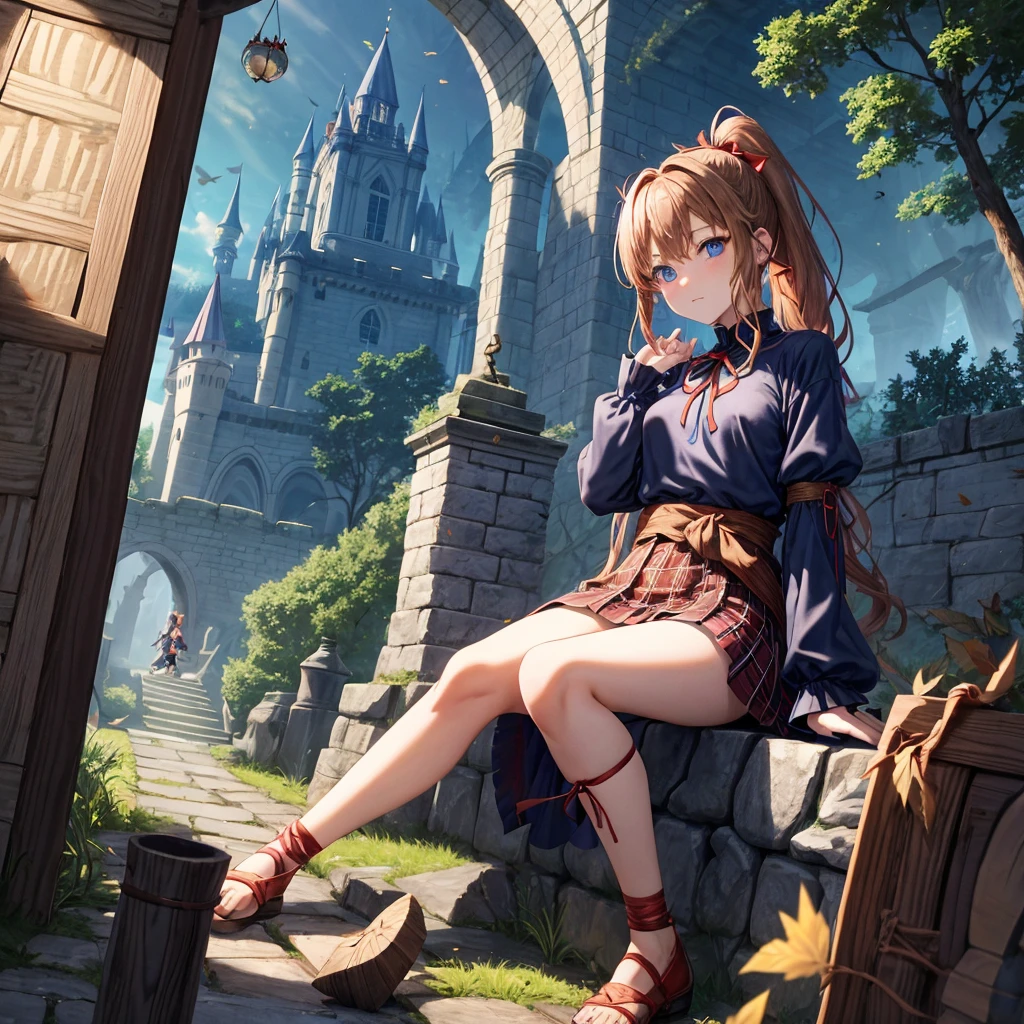 reddish-brown blonde、blue hair、blue eyes、ponytail、one good looking girl、solo、anime、Plaid miniskirt、camisole、sitting、black t-shirt、Tilting your face、Doing the ribbon、Ribbon at waist、sunset sky、broken stone steps、Remains、tunnel、Fallen leaves、Light and shadow、monster castle、One leg is raised、castle floating in the air、column、Jewelry box、flag、sparks fall、forest、Hand mirror、bondage、tall grass grows、cloak、circular cobblestone、the ground is cracked、aquarium、Vortex of Light、looking down