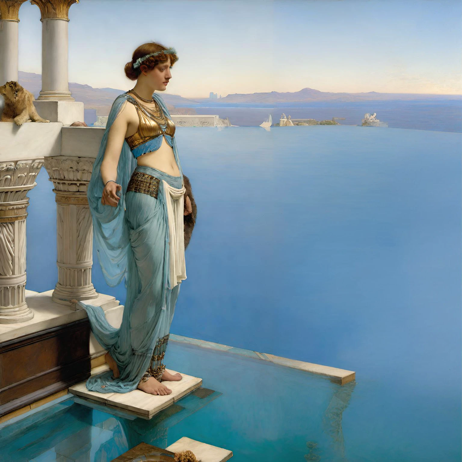 arafed woman in a blue dress standing on a ledge by a pool, ledmund leighton, by Alexandre Cabanel, john willaim godward, j. w. godward, godward, by John William Godward, by Frederic Leighton, by Frederick Lord Leighton, william godward, inspired by John William Godward