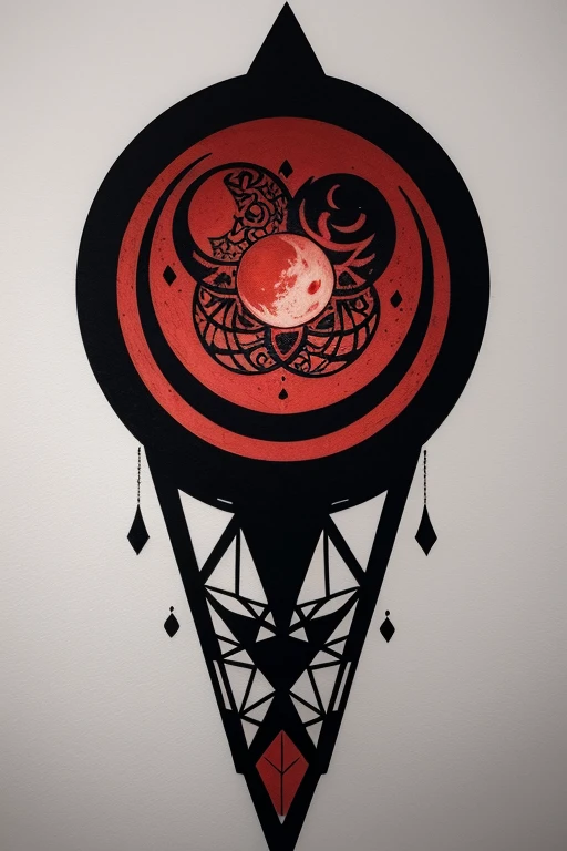 tatto of the sun swallowing the blood moon, geometrical, black ink and red ink, ethnic, tribal, dot work, 