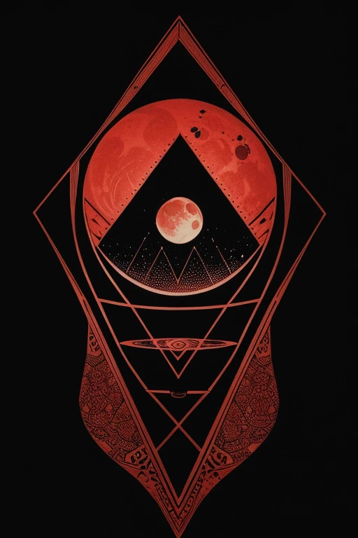tatto of the sun swallowing the blood moon, geometrical, black ink and red ink, ethnic, tribal, dot work,
