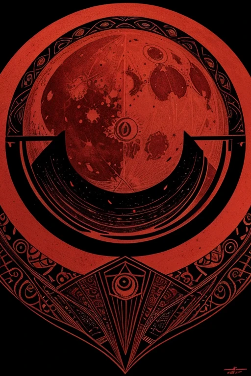 tatto of the sun swallowing the blood moon, geometrical, black ink and red ink, ethnic, tribal, dot work, 
