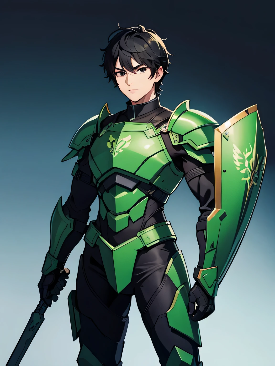 Ultra-detail high quality wallpapers.1 Male Hero. Upper body . Green Guardian Hero.1Male,35years old male,Cowboy shot. Beautiful face,(black hair,very short hair,横分けの前髪 艶のある髪,black eyes almond eyes:1.2),looking at viewer,male focus,solo,cyberpunk style partial armor over black body suit. Armored boots, breastplate, shoulder armor, gold trim, stands straight with beautifully decorated large green shield in front of enemy.sky background