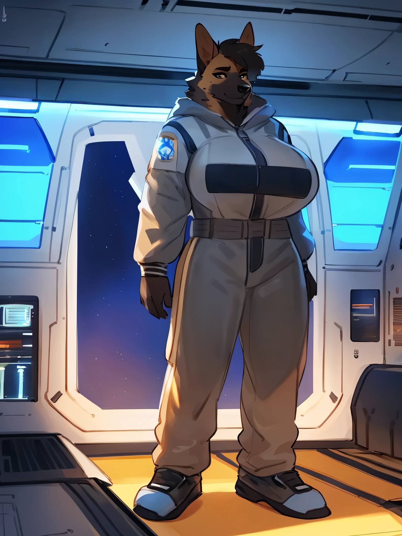 By bebebebebe, by lostgoose, by goonie-san, solo, female, canine, german shepherd, fluffy, big breasts, standing, standing, hair, grey spacesuit, spaceship, window, space