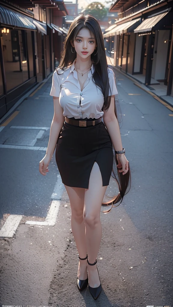 highest resolution, 8K, high definition, Realistic photos, (((My hair is very long.:1.3, Extra long:1.4, straight hair:1.3))), Thai Students, Half Thai, half Japanese, half Korean., Height 173 centimeters, (((stand, walk))), Beautiful face, แต่งBeautiful face, Double eyelids, red lips, smile at the corner of the mouth, beautiful eyes, Beautiful Woman, The texture is realistic., ((Slim white short-sleeved shirt:1.3, collar shirt, Matte black short pencil skirt, Very short, Side incision, กระโปรงสีดำด้านพร้อมbeltผู้หญิง, tight)), ((Huge breasts:1.3, Breast augmentation:1.4, เต้าBig tits, Big tits, Plump milk, Fluffy milk, Huge breasts:1.3)), ((Symmetrical shape, sexy figure:1.4, Thin, slim, small waist, Long legs, Beautiful thighs)), ((Pitch black high heels, earring, Put on a watch, belt)), (((full body, Look at every part of the body.))), university backdrop, building, building, lawn, outdoor sports field