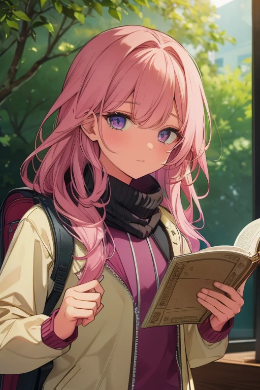 A handsome pink haired man with violet eyes with long hair is reading a map the forest in good hiking gear

