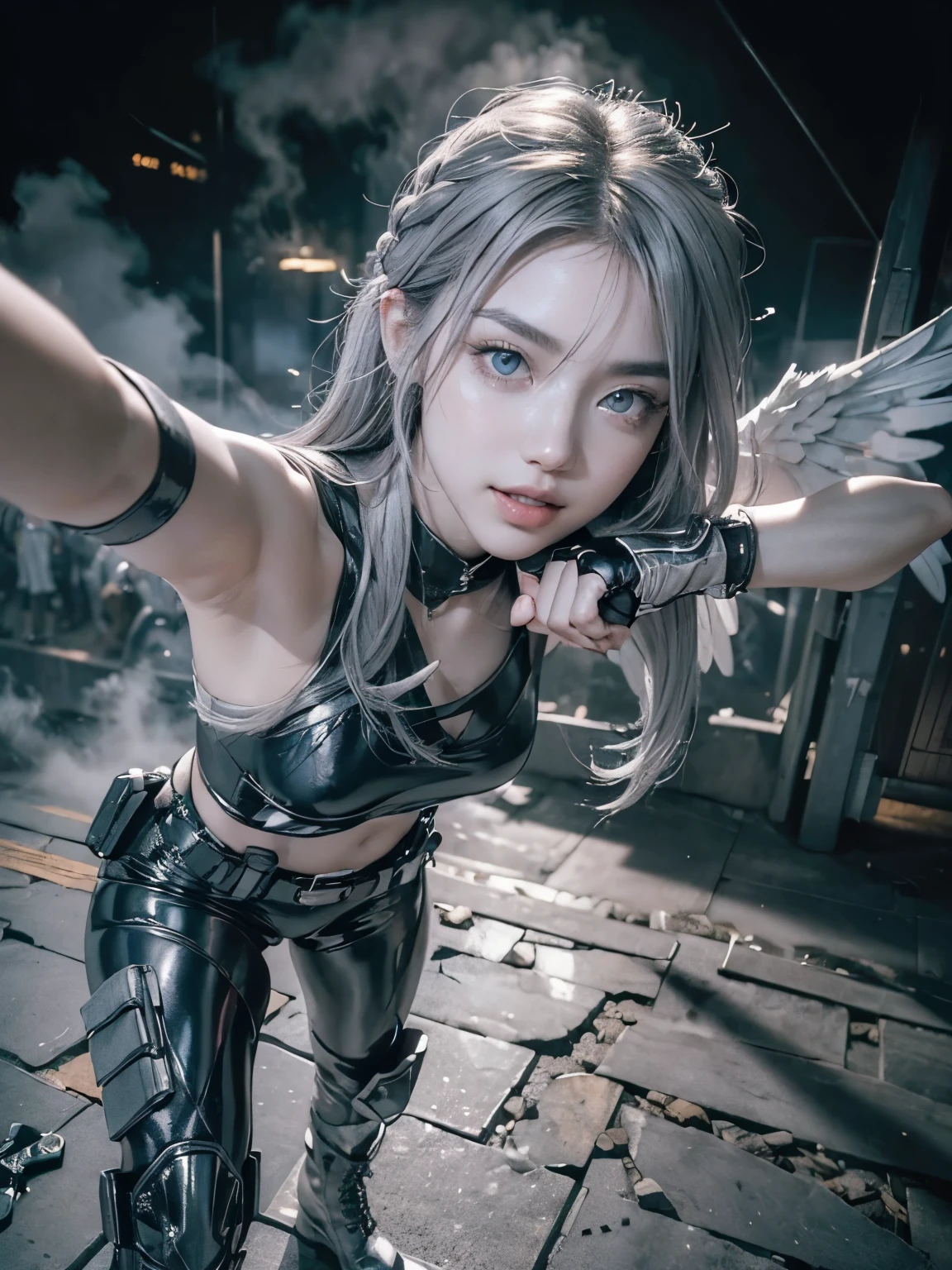 (anime, Unreal:1.2), (portrait:1.6), (brand collection, fashion brand theme:1.6), (detailed, beautiful, masterpiece, best quality:1.2), _ BREAK (1girl:1.2), 22 years old, 160 cm, Japanese cute model, Tightened all body, medium Breasts, small head, small face, diamond Face, small nose, Sharp Faceline, Detailed face, Detailed eyes, young hands and fingers, beautiful hands and fingers, five fingers, _ BREAK (happy, smile, Glossy Lips:1.3), (Light color lips, Half open mouth, beautiful Teeth:1.2), (dropy eyes, Double eyelid, light color eyes, Shiny eyes:1.5), Shiny skin, _ BREAK (arranged hairstyle:1.4), (gray hair:1.4), shiny hair, _ BREAK (gray background:1.4), (mist, fog:1.4), _ BREAK (wide angle:1.6), (Fighting, sexy model pose:1.2), BREAK (Monochrome combat theme:1.2), (combat-style angel with black tactical wings:1.2), (sleek black combat suit with white accents:1.2), (tactical boots with silver details:1.2), (utility belt with minimalistic accessories:1.2),
BREAK (combat pose, ready for action:1.2),
BREAK (fingerless gloves with metallic accents:1.2), (combat-ready stance with clenched fists:1.2),
BREAK (Urban battlefield background with shattered debris:1.2), (moody dark tones and edgy atmosphere:1.2), (ominous shadows emphasizing combat spirit:1.2)