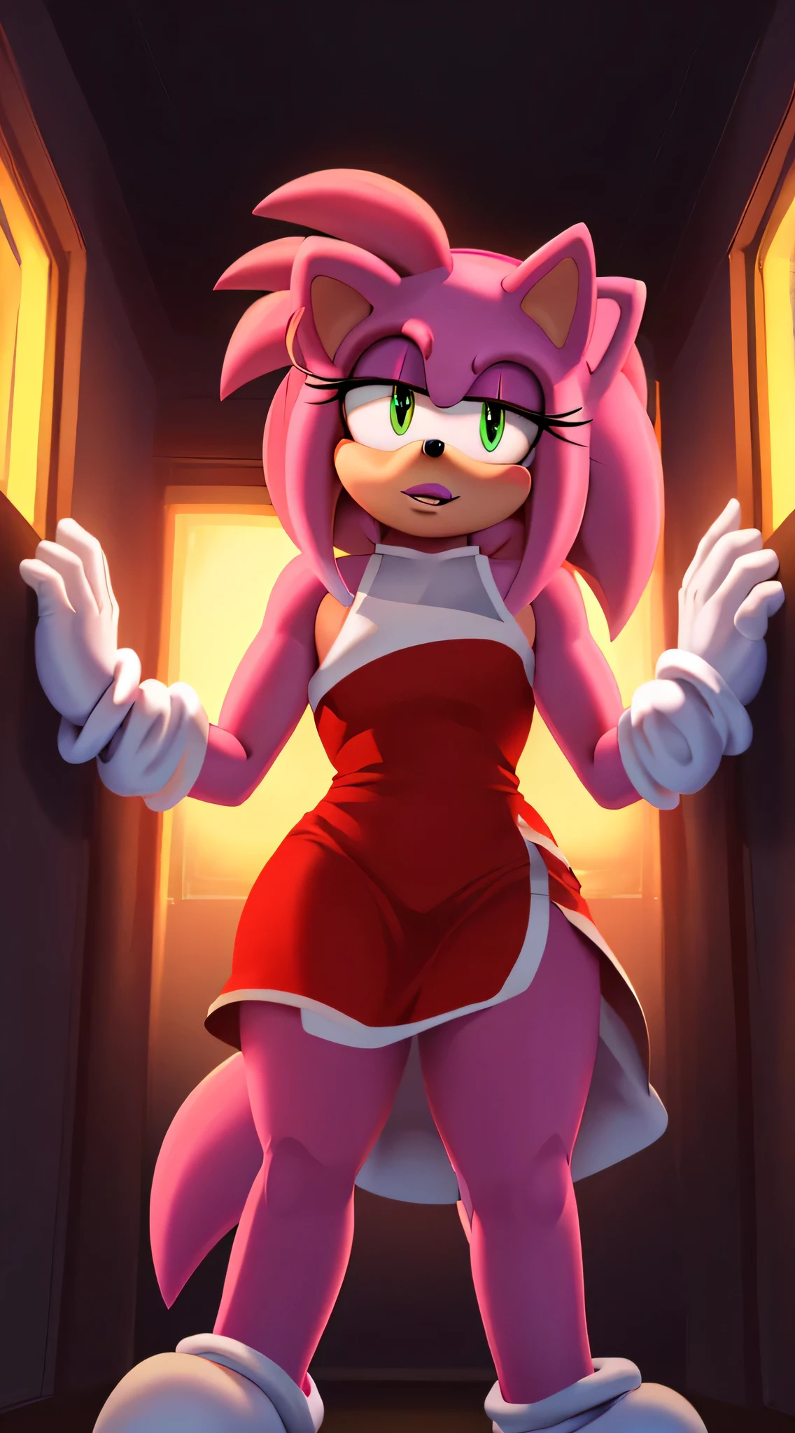 (a stunning) (masterpiece:1.2), (8k, high-resolution), (sonic:1.1), ((amy rose fused with roxxane:1.2)), (seductive), (revealing) sexy dress, (boldly colored) eyeshadow, (long, fluttering) eyelashes, (intense) menacing look, (alluringly) sultry, (mysterious) dark room, (provocative) lighting, vibrant colors