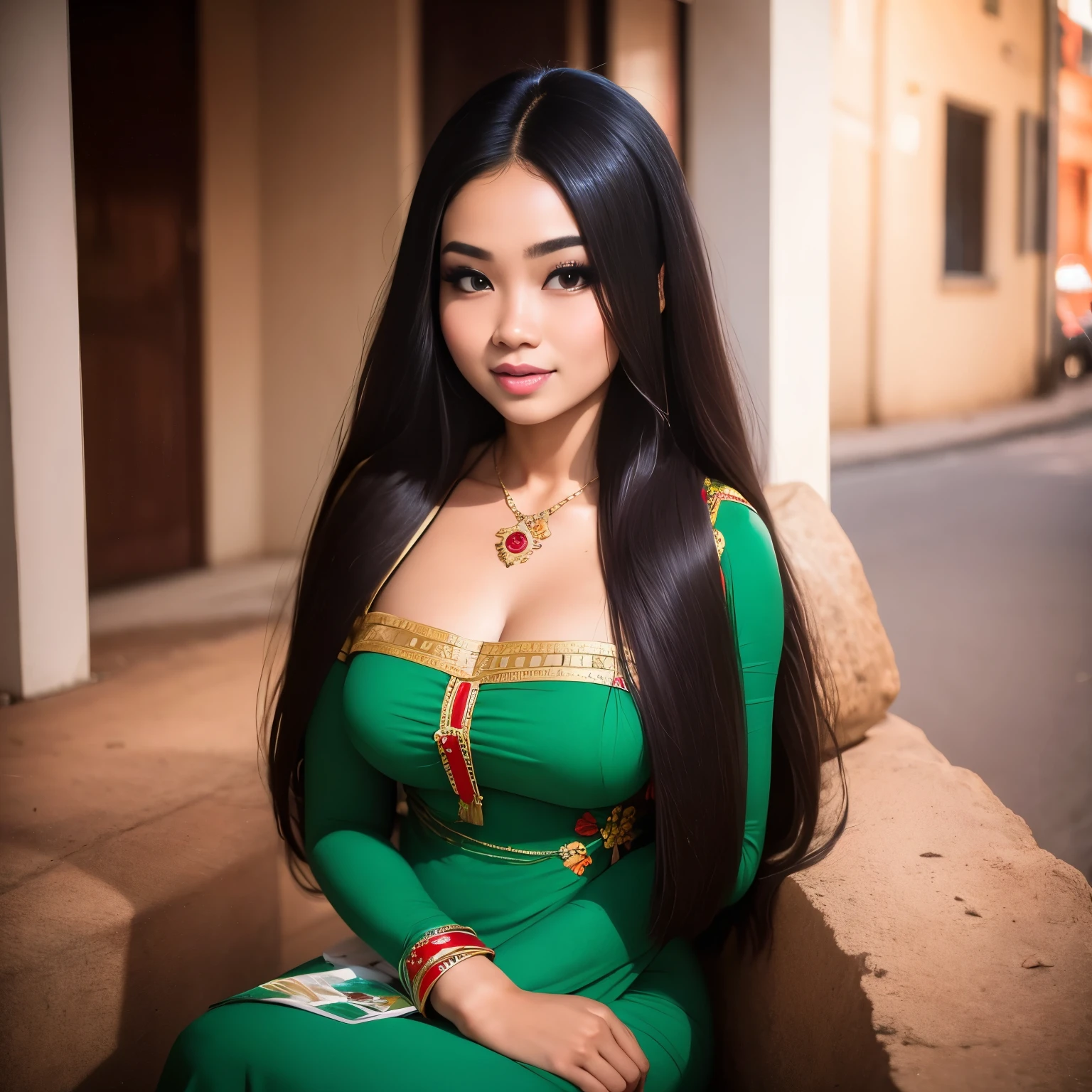 20 years old Burmese women , wearing Burmese dress, curvy hair, black eyes, brown hair , long hair , smiling teasing with cleavage ,acmm thanaka makeup,insertNameHere,chica de pelo verde ojos verde seductor ,MrsClaus,Ava,ava,AVA,High detailed ,Color magic