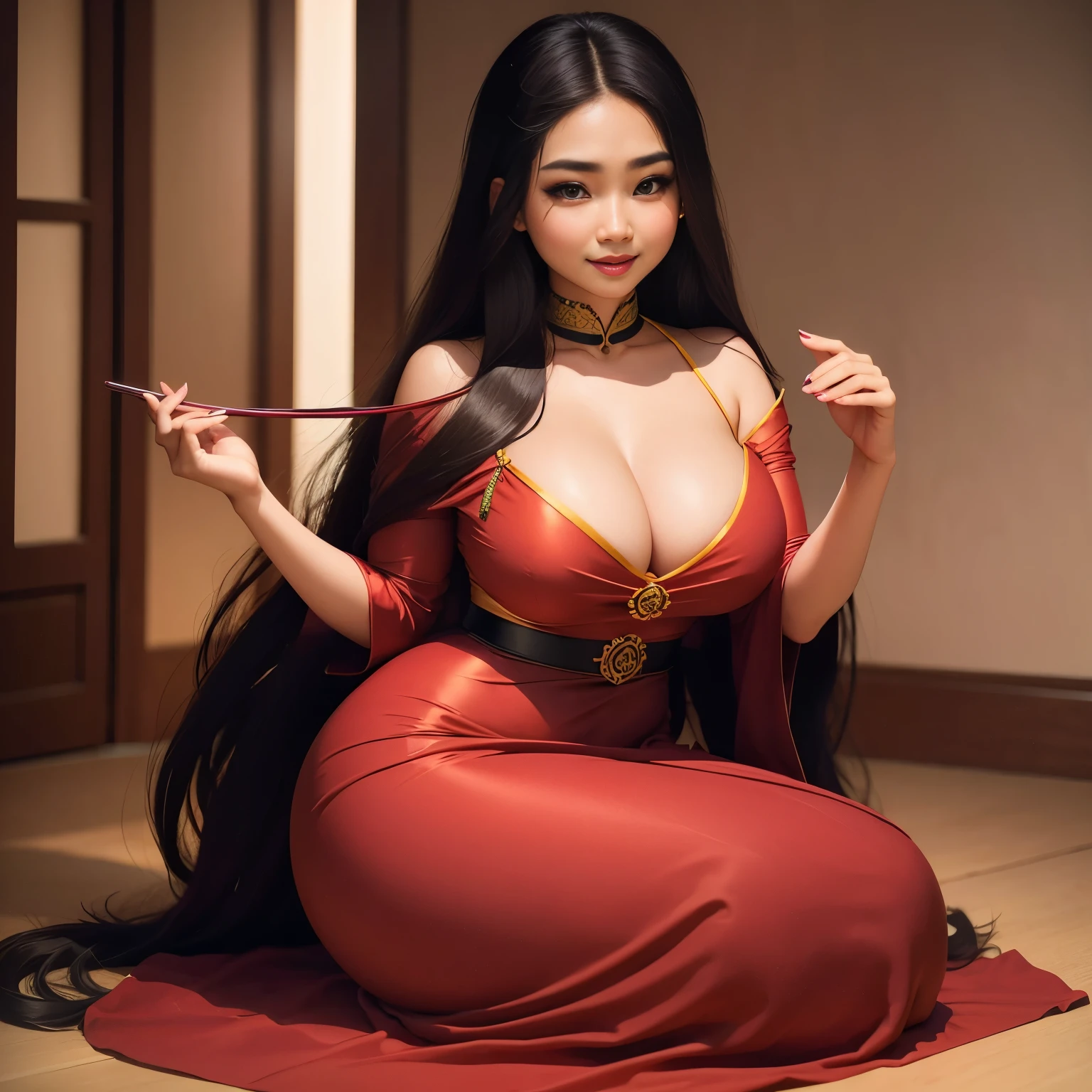 20 years old Burmese women , wearing Burmese dress, curvy hair, black eyes, brown hair , long hair , smiling teasing with cleavage ,acmm thanaka makeup,insertNameHere,chica de pelo verde ojos verde seductor ,MrsClaus,Ava,ava,AVA,High detailed ,Color magic,3v