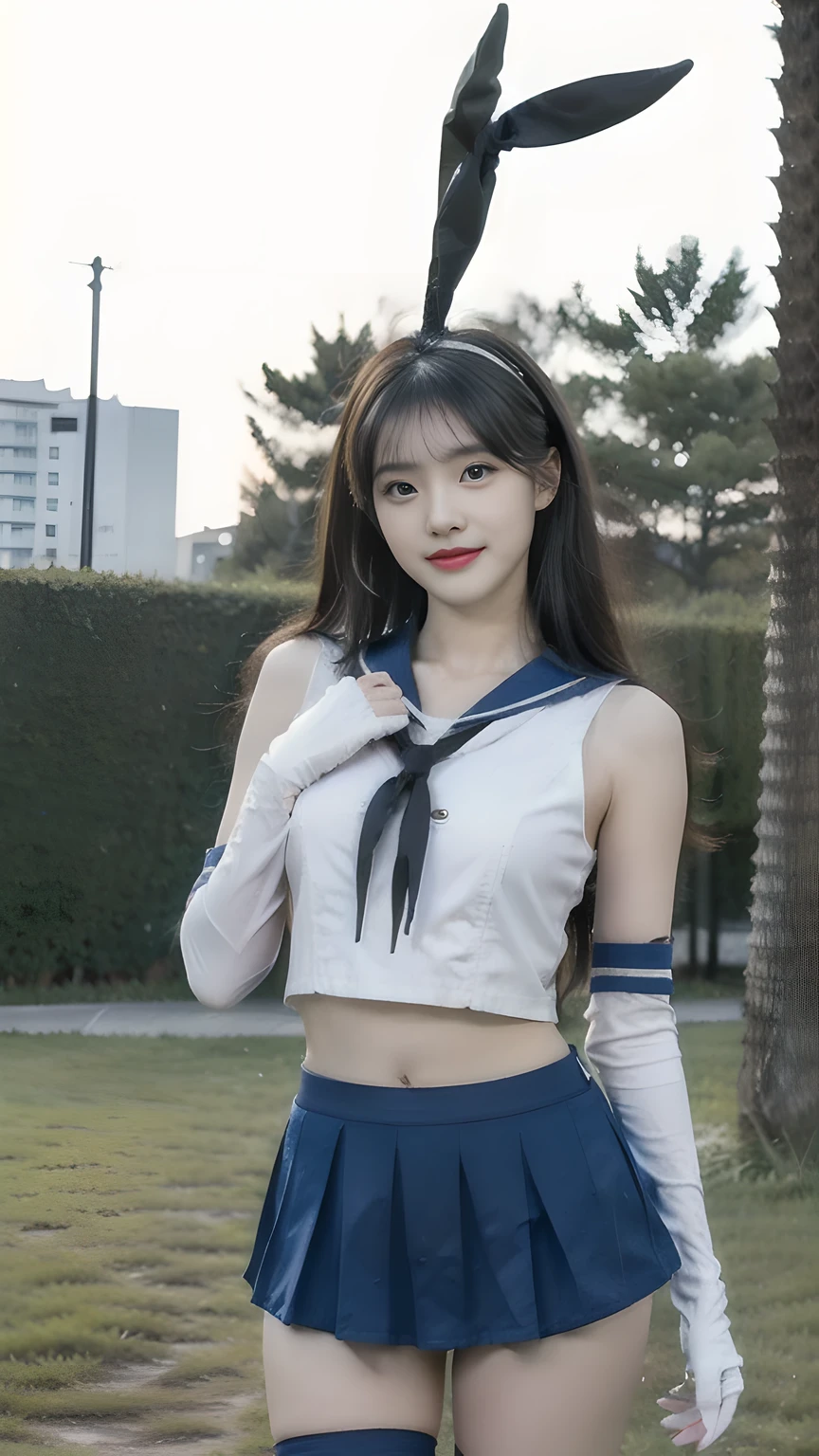 best quality, masterpiece, 1 girl, perfect beautiful face, (photo photo:1.3), edge lighting, photography lighting, (high detail skin:1.2), 8k ultra hd, DSLR, high quality, high resolution, white skin, detailed textured skin, half body in frame, sexy posing, cute smile face, perfect propotion face, symetric face, eye level shot, 4k, 8k, bokeh, absurd, best ratio four fingers and one thumb, (realistic:1.3), beautiful detailed girl, cute 1girl, blonde hair, long hair, ponytail, bangs, volume hairs, collosal-breast, full looking breast, projecting breast, slim waist, slender, small thighs, perfectly proportion, garden background, detailed background, trees, clouds, grass, standing, frontal posing, direct gaze, bare thighs, ponytail, elbow gloves, stipped thighhighs, highleg panties, blue pleated skirt, bunny ear, shimakaze \\(kancolle\\), closer to viewers, flashing thighs