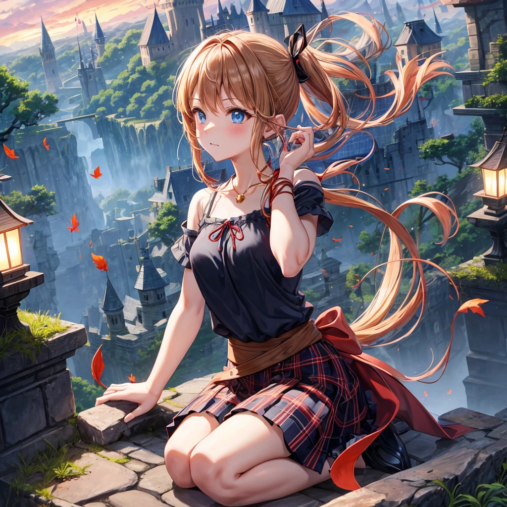 reddish-brown blonde、blue hair、blue eyes、ponytail、one good looking girl、solo、anime、Plaid miniskirt、camisole、sitting、black t-shirt、Tilting your face、Doing the ribbon、Ribbon at waist、sunset sky、broken stone steps、Remains、tunnel、Fallen leaves、Light and shadow、monster castle、One leg is raised、castle floating in the air、column、Jewelry box、flag、sparks fall、forest、Hand mirror、bondage、tall grass grows、cloak、circular cobblestone、the ground is cracked、aquarium、Vortex of Light、looking down、Fairies are flying