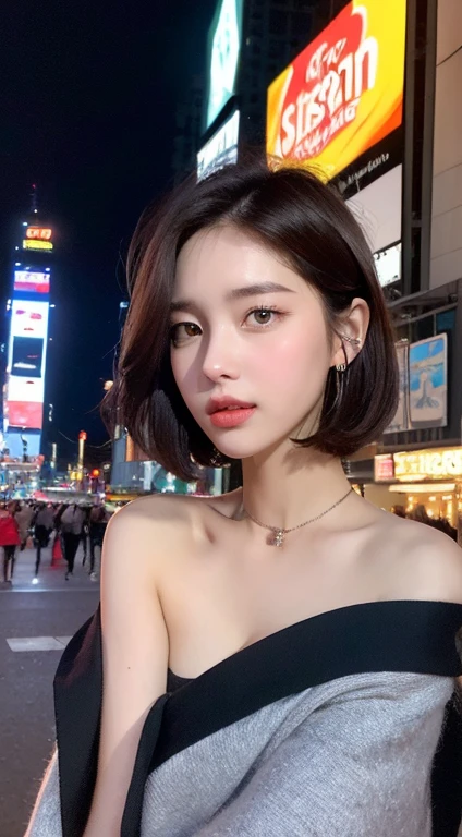 ((Night Scene, Realistic Light, Best Quality, 8k, Masterpiece: 1.3)), 1 Girl, Slim Body Beauty: 1.4, Brown Hair, Short Hair, (Big: 1.3), Off-Shoulder Cut Top: 1.3, Ultra Detailed Face, Detailed Eyes, Double Eyelids, NYC, Times Square, Cleavage
