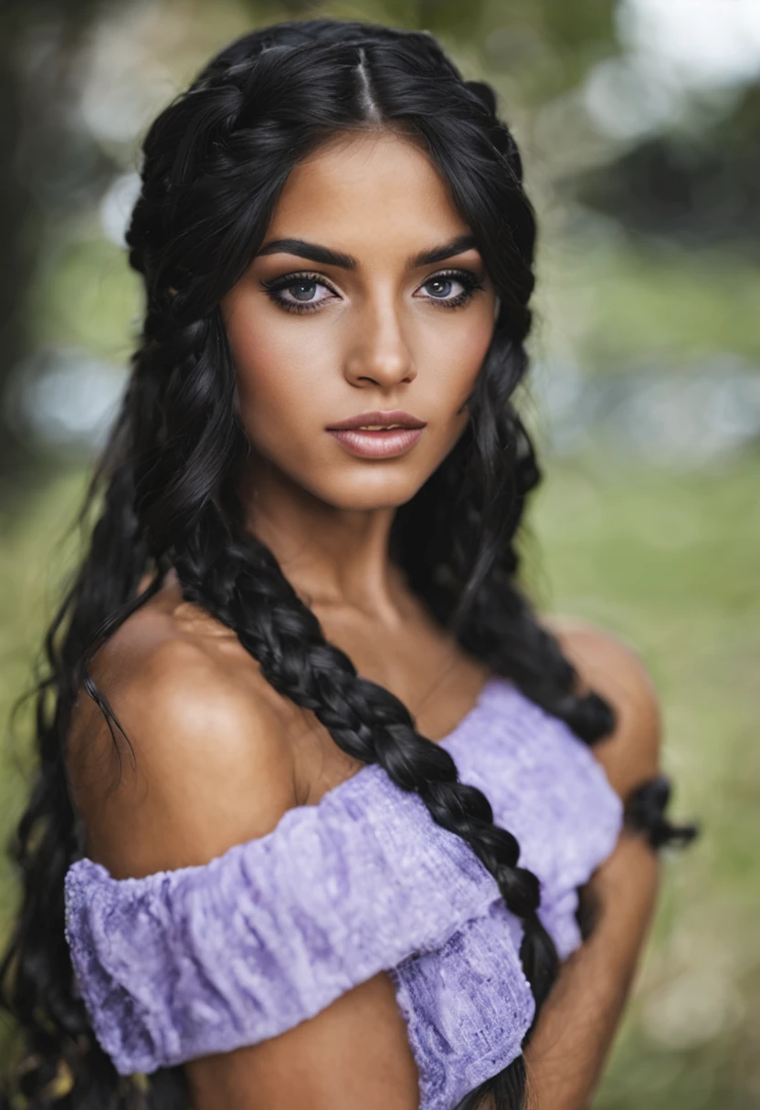 Jovem princesa, long black hair with braid, rosto perfeito, olhos violeta