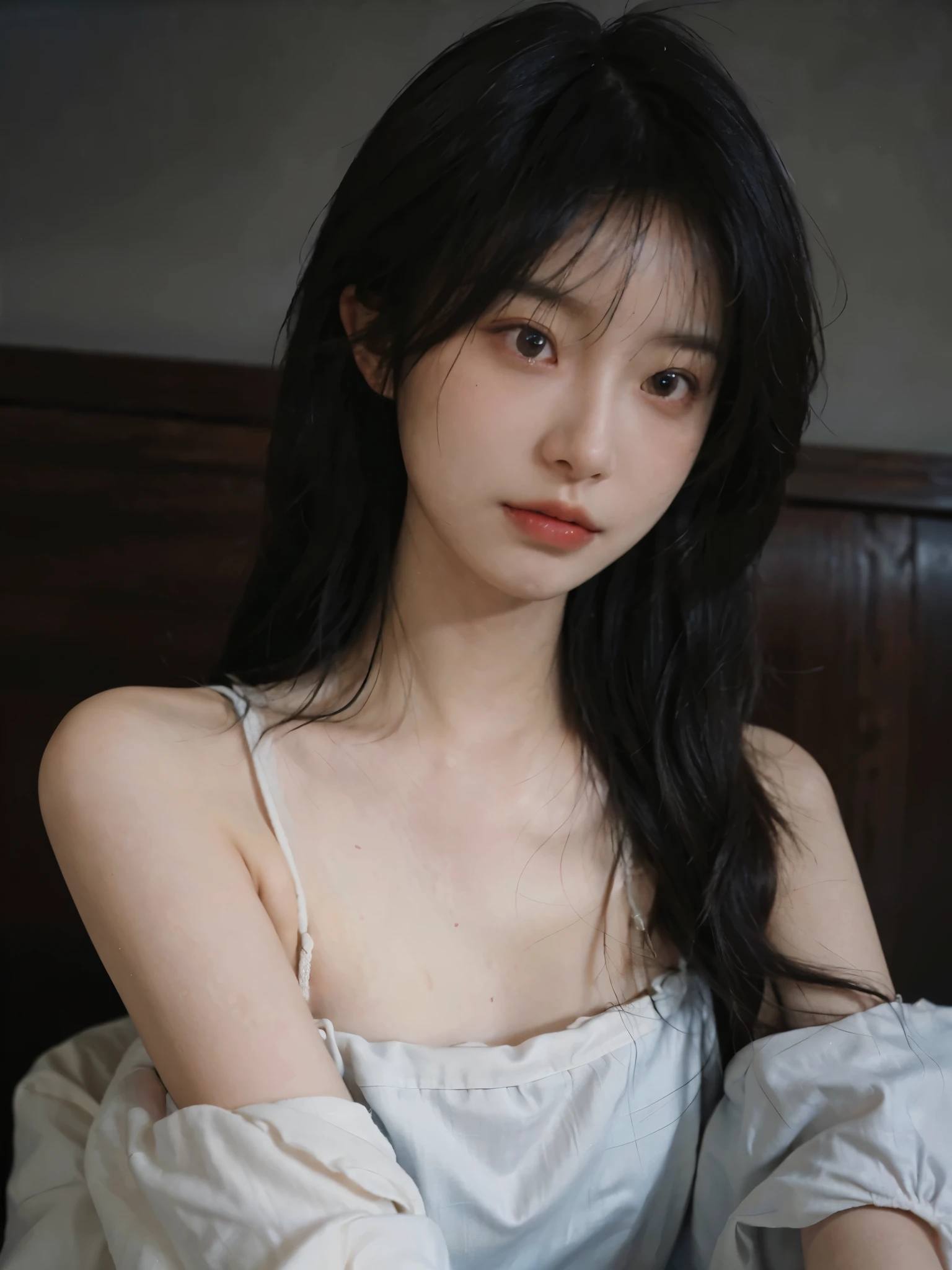 Film portrait photography, 2 girls, bare shoulders, Shoulder length wavy hair, serene, calm, (Realistic and detailed eyes, natural skin texture, Realistic facial details), Soft dramatic lighting, depth of field, Bokeh, Vibrant details, Detailed and detailed, surreal, 35mm film, hazy, ,