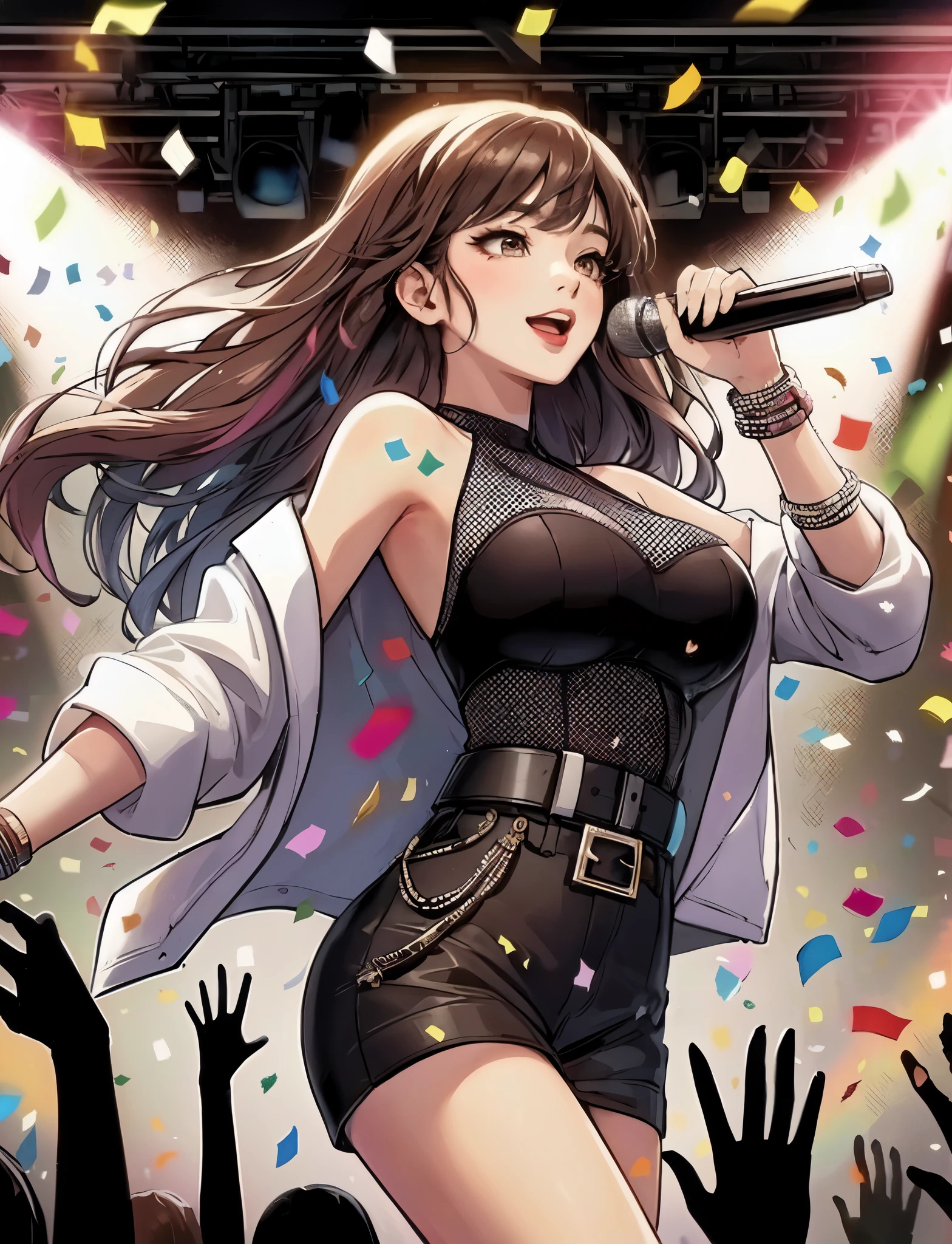 1lady solo, K-POP artist, (singing:1.2) (dynamic posing:1.2), (stylish outfit), mature female, /(brown hair/) bangs, light smile, (masterpiece best quality:1.2) delicate illustration ultra-detailed, large breasts BREAK (holding a microphone) BREAK (colorful confetti:1.2) dancing down BREAK (music stage) indoors, colorful confetti, spotlight, audience, detailed background