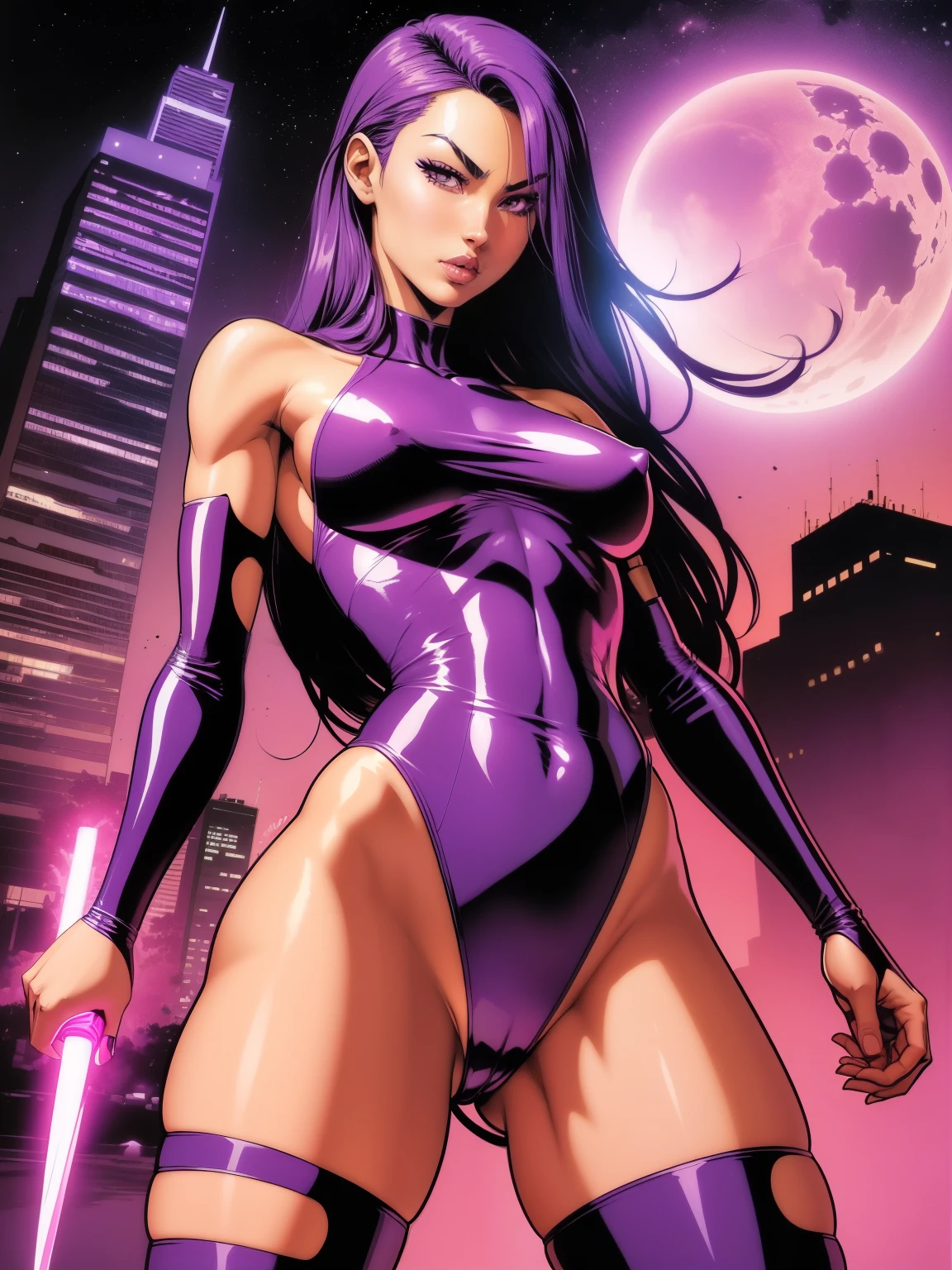 (((COMIC STYLE, CARTOON ART))). ((1 girl)), lonly, A comic-style image of Psylocke, with her as the central figure. She is standing, with her hands holding two katanas. She wears a purple and pink costume, She has long, straight purple hair, purple eyes, and red lips. (((Hot body, sexy, sensual, camel toes))), She is surrounded by a night UNDER THE MOONLIGHT, with skyscrapers, bridges and lights. She has a determined and confident expression, as if she is ready to fight crime.