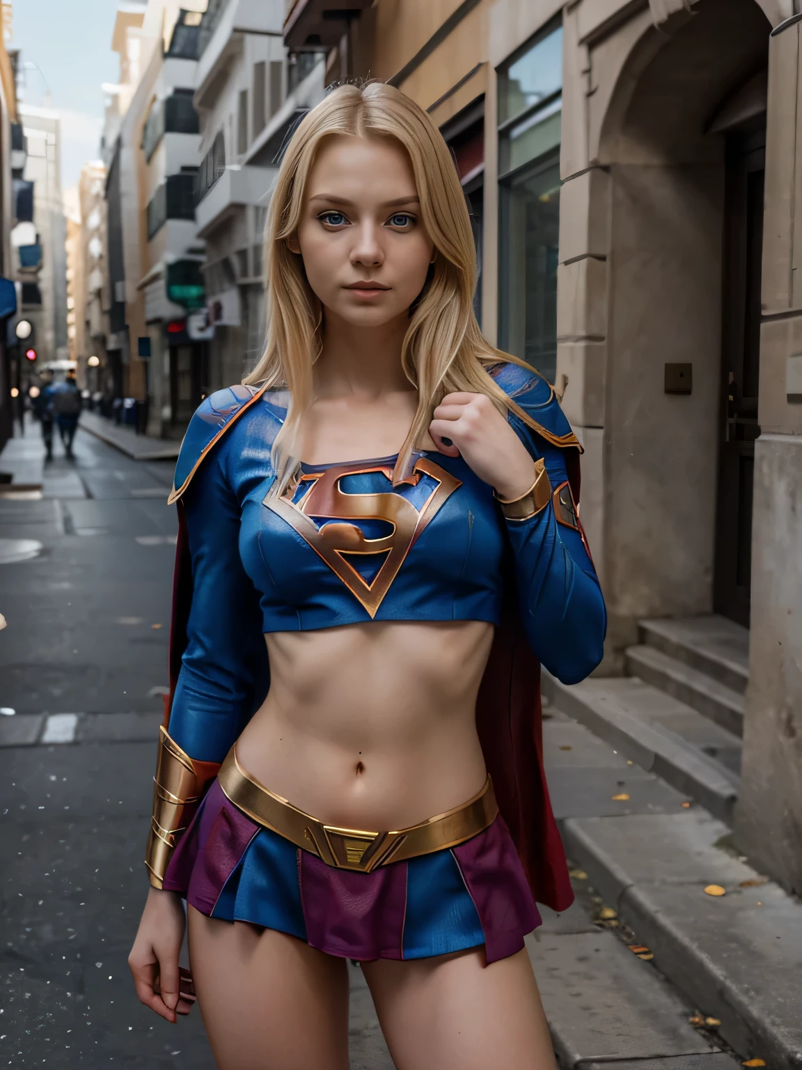 a portrait of a blonde, blue eyes, slavic features, woman wearing a supergirl outfit, in the street, full-body, perfect detailed eyes, perfect detailed hands