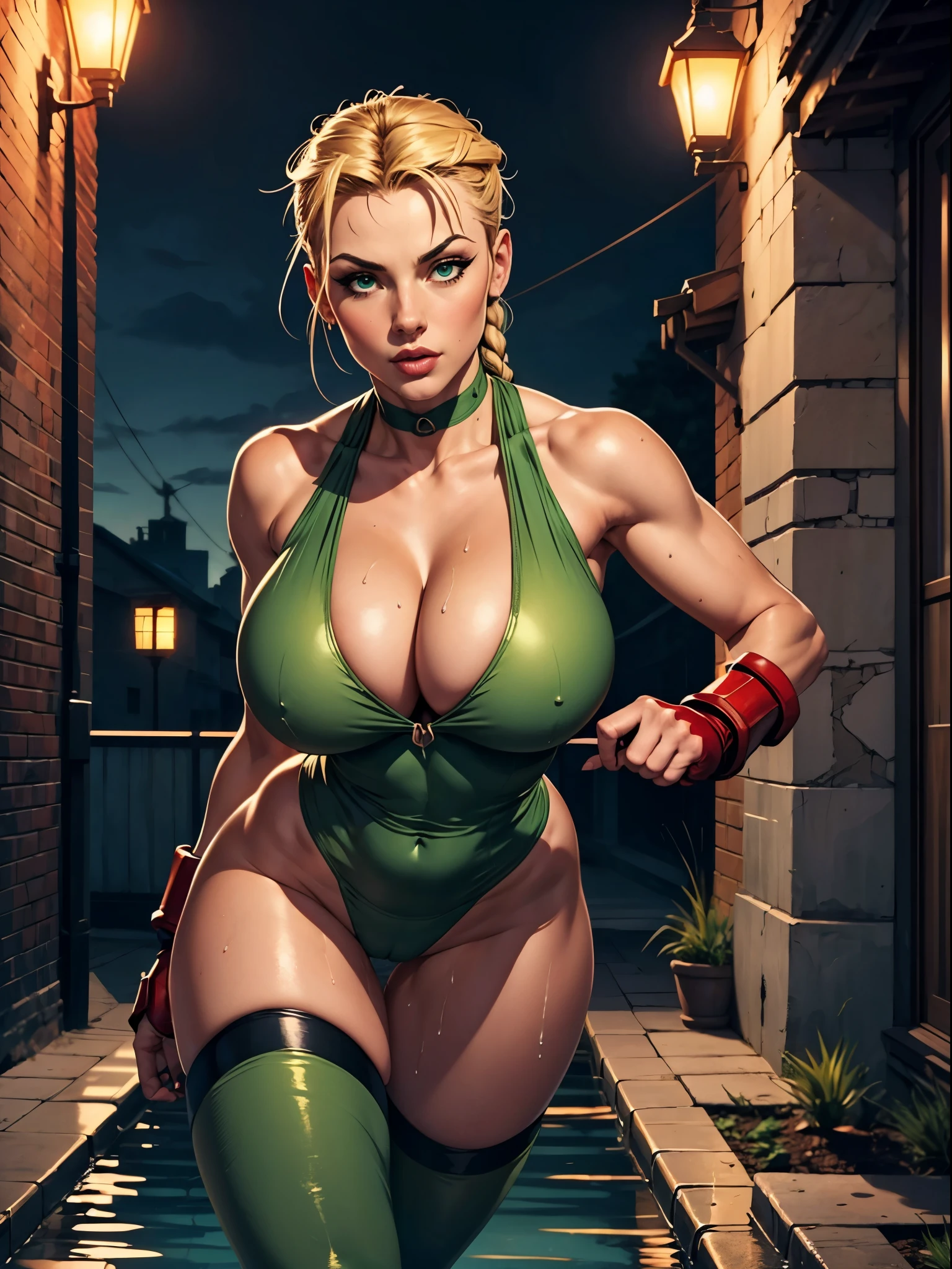 Best Quality, Masterpiece, Ultra High Resolution, rembrandt Lighting, night time, background dark, cammy street fighter, attractive, long blonde braided hair, sexy singlet vibrant green outfit, no cleavage showing, wearing red combat gloves, combat boots, seductive, extra curves, wet skin, breasts, white skin, dynamic combat pose, big thighs, slim waist, scantily clad, gigantic breasts, ripped, revealing outfit, camel toe, flawless masterpiece kawaii, perfect body, perfect face, perfect hands, perfect fingers, sexy pose, PERFECT ANATOMY