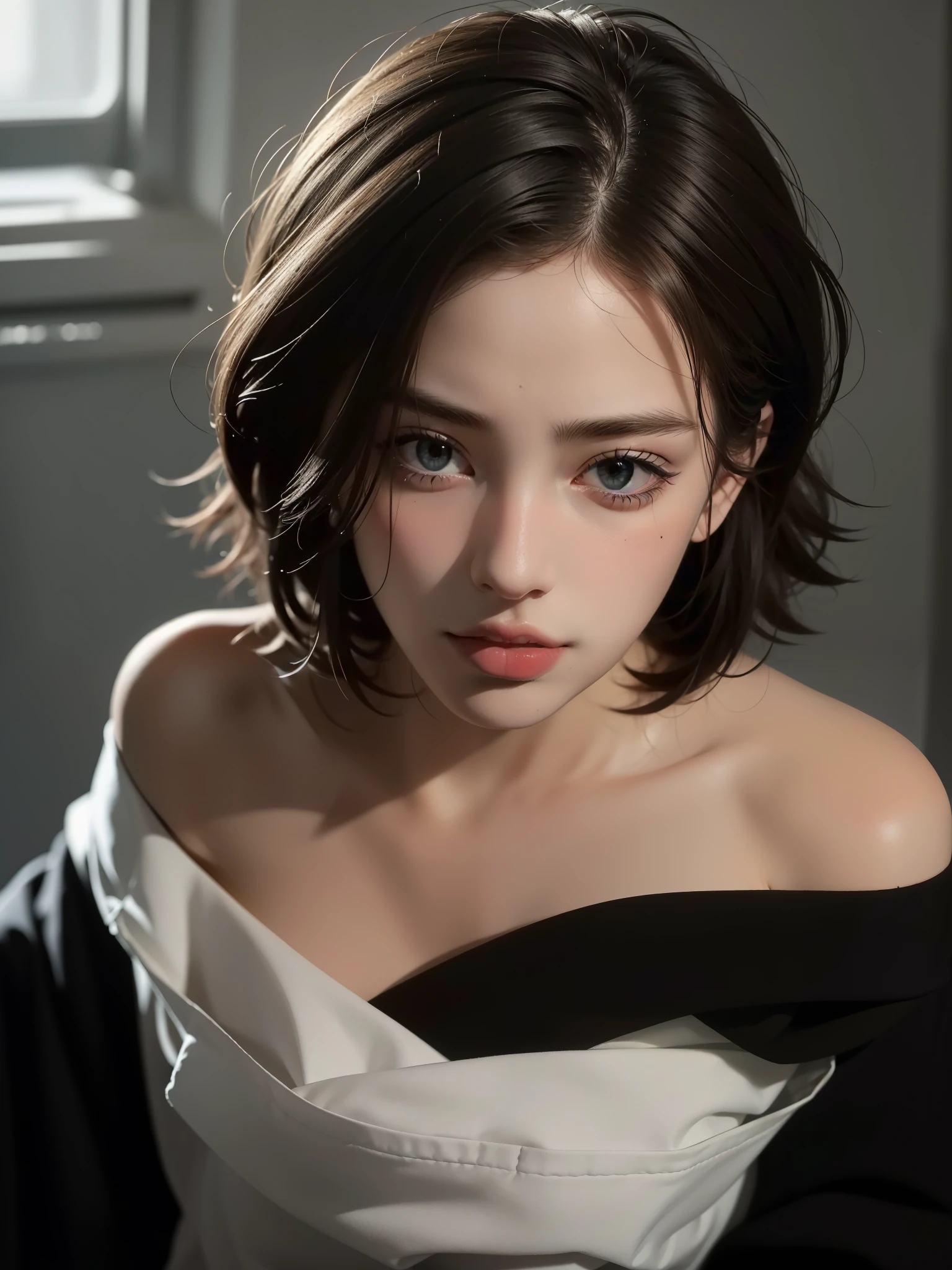 best quality, masterpiece, ultra high resolution, (lifelike: 1.5), original photo, 1 girl, Off the shoulders, in the darkness, deep shadow, cautious, cold light, sexy look, short hair,