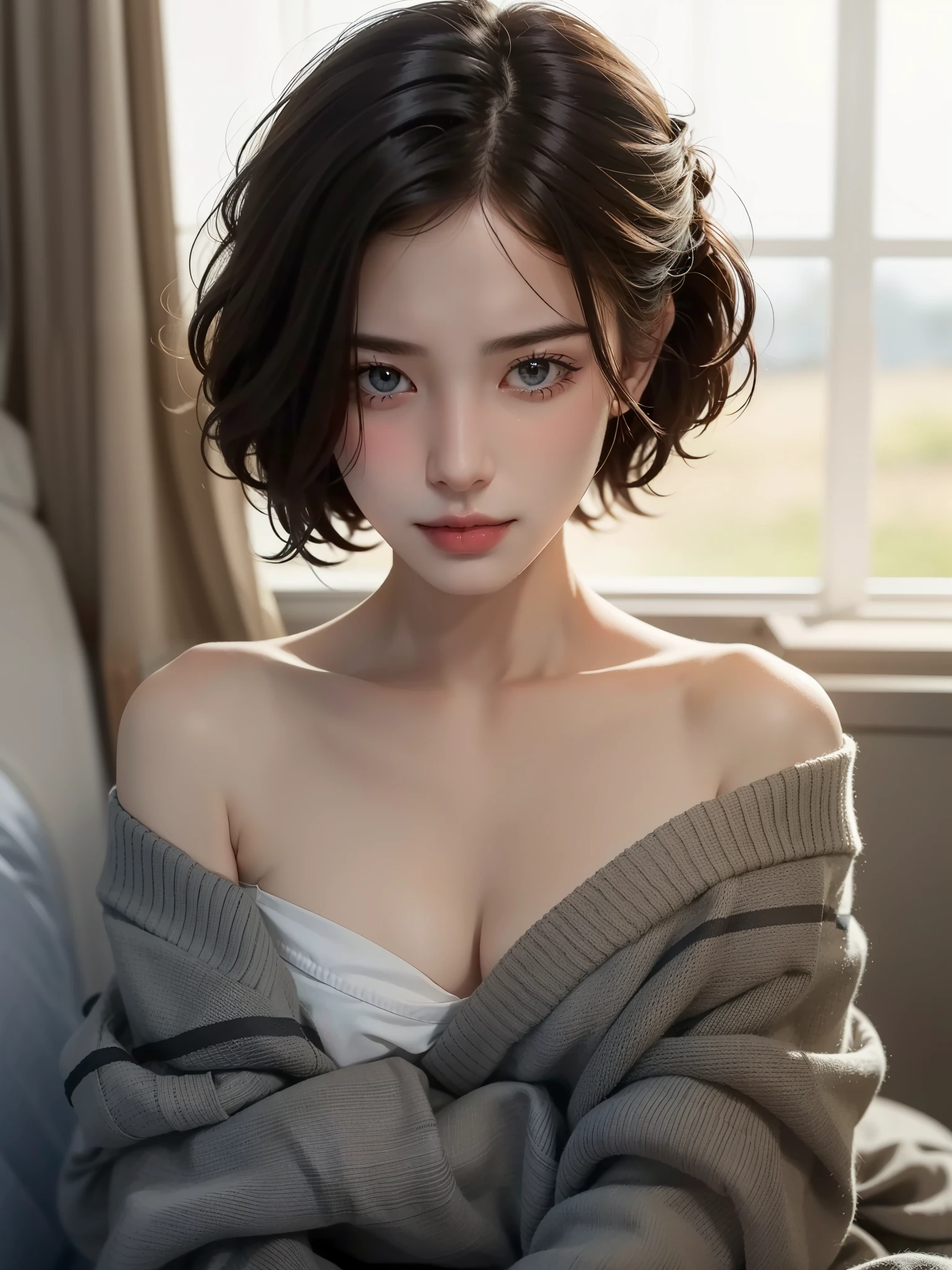 Best quality, masterpiece, ultra high res, (photorealistic:1.5), raw photo, 1girl, offshoulder, in the dark, deep shadow, low key, cold light, sexy look, short hair