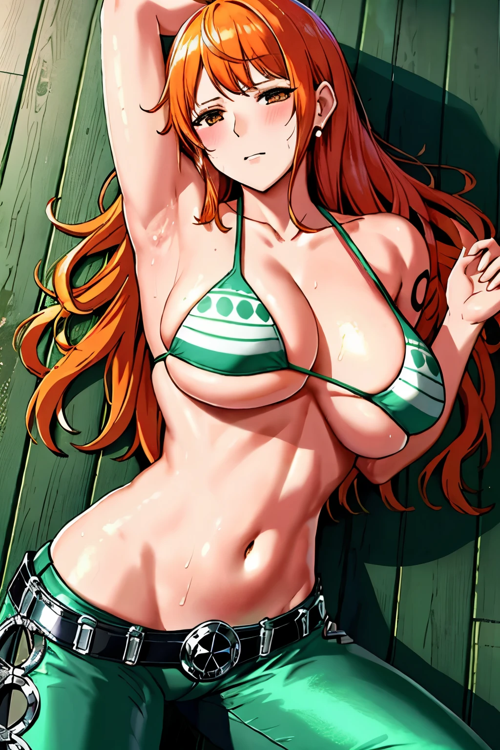 Ship deck detailed background, masterpiece, 4K, epic, best quality, 늦은 request소년, adult, milf, athlete's body, 1 woman, ((wide dehisce, on the deck floor, lying down completely, Lying on her back, Fall down, left hand just left, right hand straight right)) , alone, Us \(One Piece\), 1 woman, bangle, (Very wet, Drenched in sweat, sweating all over, Very Missy Hair, tired, dehisce, exhausted, Sweaty face, sweaty body, contusion, injury, feeling hot, sweating too much, blushing, Glittering sweat, Serious, ache, glaring, closed eyes, looking for, Perfect, detailed face, Round face, Sweat on Face) Draw bold lines, muscular arms, Detailed and thick arm lines, Flat chin, adult woman, wavy wide striped bangs, floating bangs, (Big cheeks), bare shoulders, off shoulder, belt, bikini, bikini top only, bracelet, Elastic breasts, Breast line, Big round eyes, very large brown shiny eyes, foam, 높은 눈 stomach치, split, afternoon, request, earring, floating hair, shiny hair, green belt, green bikini, Thick groin line, requestpants, bijouterie, medium chest, Log Pose, long hair, looking at viewer, long belly button, wet hair, Orange hair, pants, shoulder Tattoo, side lock, sky, alone, stomach, swimsuit, Tattoo, detailed arm, large forehead, hourglass shape, small head, A toned body, Broad head, wind effect, The Sun Effect, Under the sun, Narrow small ear angle, Previous, 상stomach 뷰 샷