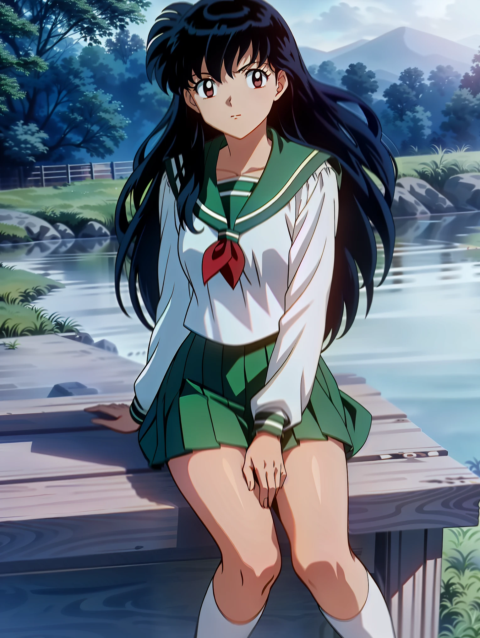 an anime woman sitting on top of a wooden bench with her hair up, 1girl, solo, outdoors, long hair, brown eyes, school uniform,(Masterpiece: 1.6, Best Quality), (Fine Beautiful Eyes: 1.2), (best quality, masterpiece, higher), green school uniform, soft thighs , long sleeves, white socks, scenery , Best Quality, ((anime)) ((Colored)) HD, Kagome Higurashi ,school uniforms, Standing, Green skirt, Red scarf, long hair, Black hair between the eyes, Thighs are soft, school background , black hair, skirt, sitting, green skirt, serafuku