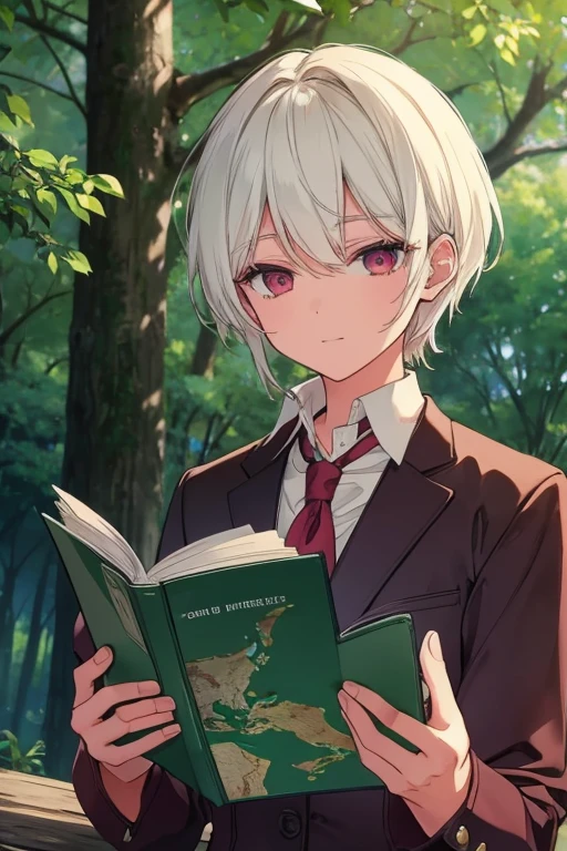 A white haired man with red eyes is reading a map in the forest
