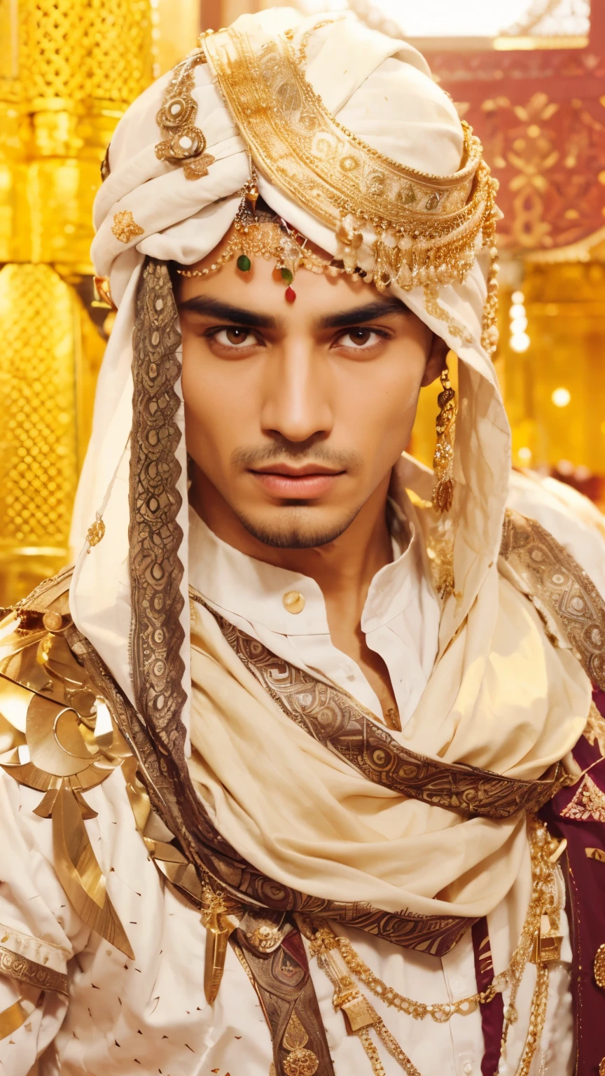 A man of Arab blood, exotic skin, sharp gold eyes, wearing a turban, he is an Arab king. He is very handsome and charming, has a sharp jaw 