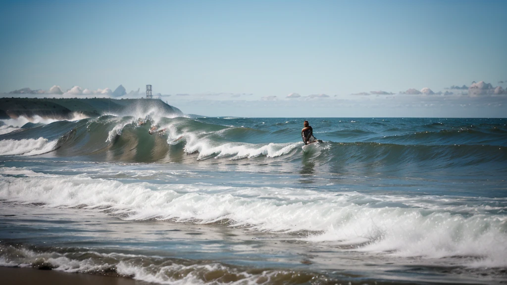 Mar em movimento, com ondas e montanhas de fundo