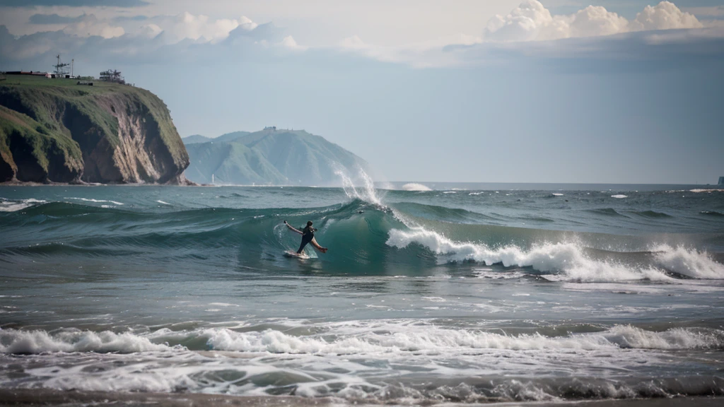 Mar em movimento, com ondas e montanhas de fundo