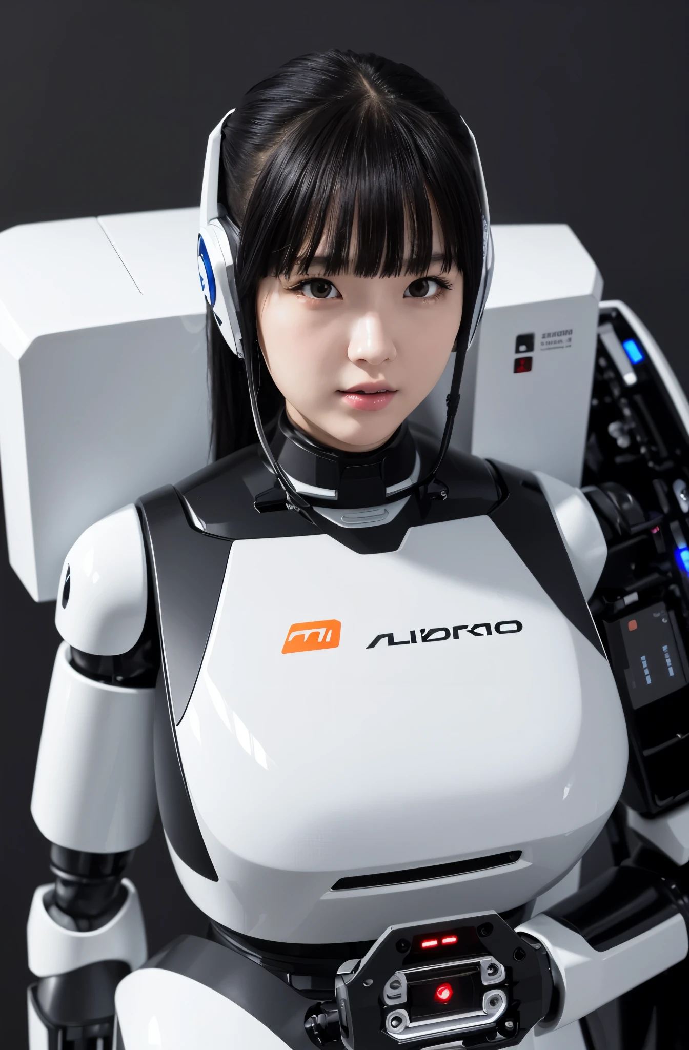 masterpiece, best quality, extremely detailed,  Japaese Cyborg girl,Plump , control panels,android,Droid,Mechanical Hand, Robot arms and legs, Black Robot Parts,Black hair,Mechanical body,Blunt bangs,White robotics parts,perfect robot girl,long tube,thick cable connected her neck,ceramic body ,mechanical body, mechanical ear cover, mechanical costume,android,robot,humanoid,cyborg,japanese android woman ,mechanical chest,full eyes,future laboratory,connecting a cable between the legs,