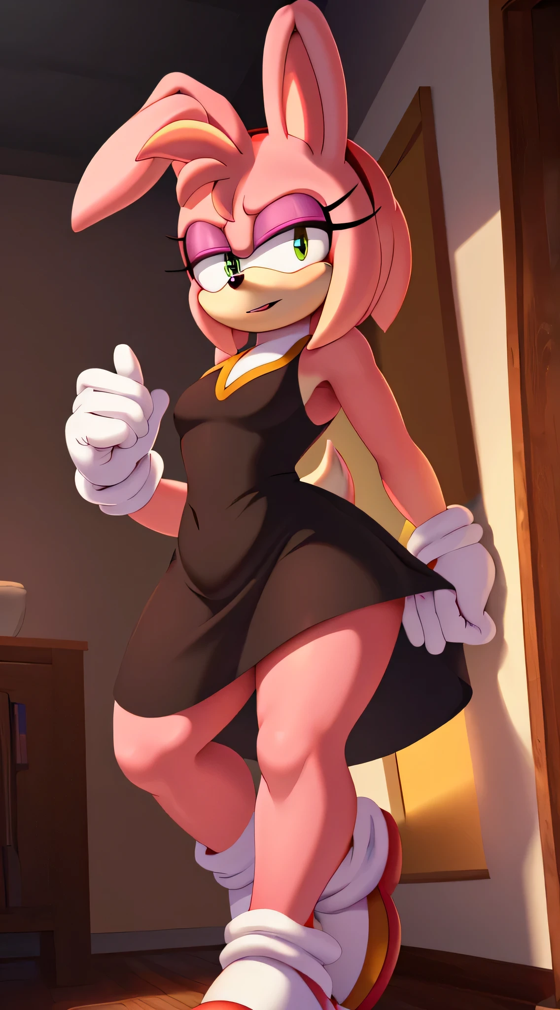 (a stunning) (masterpiece:1.2), (8k, high-resolution), (sonic:1.1), ((vanilla the rabbit fusion with amy rose:1.2)), (seductive), (revealing) sexy dress, (boldly colored) eyeshadow, (long, fluttering) eyelashes, (intense) menacing look, (alluringly) sultry, (mysterious) dark room, (provocative) lighting, vibrant colors