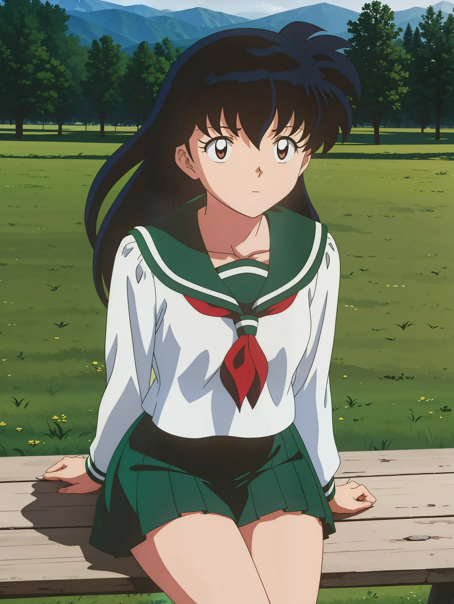 an anime woman sitting on top of a wooden bench with her hair up, 1girl, solo, outdoors, long hair, brown eyes, school uniform,(Masterpiece: 1.6, Best Quality), (Fine Beautiful Eyes: 1.2), (best quality, masterpiece, higher), green school uniform, soft thighs , long sleeves, white socks, scenery , Best Quality, ((anime)) ((Colored)) HD, Kagome Higurashi ,school uniforms, Standing, Green skirt, Red scarf, long  hair, Black hair between the eyes, Thighs are soft, school background , black hair, skirt, sitting, green skirt, serafuku