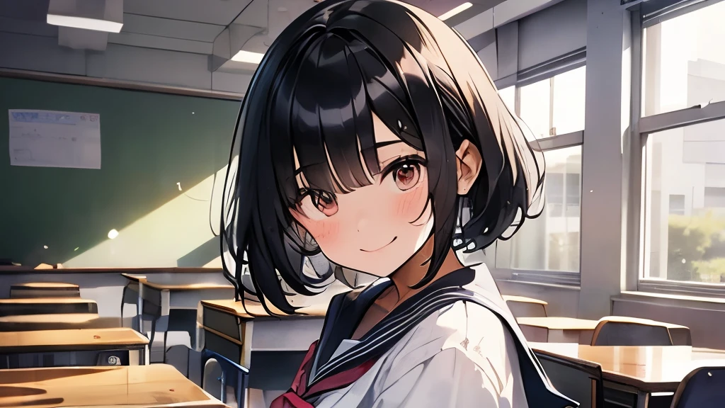 soaked、Hair is black、energetic high school student、１８old girl、hair cut short、cute、In summer clothes、Sarah Clothes、eyes are black、In the classroom、soaked、smile