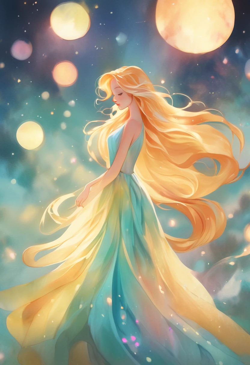 beautiful girl in flowing colorful ballgown, Fairy dress, long golden hair, Colorful watercolor background, inspired Written by Glen Keene, inspired Written by Lois Van Baarle, disney art style, Written by Lois Van Baarle, There's a glowing aura around her, Full moon in the sky,Written by Glen Keene, Just Bartel, incandescent lamp! digital painting, flowing shining hair, shining flowing hair, beautiful digital illustration, Fantasia otherworldly landscape plants flowers, beautiful, masterpiece, highest quality, Anime Disney Style