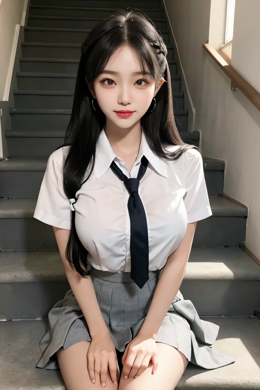 gray eyes, Korean school uniform, summer school uniform shirt, ribbon tie, skirt, bright blonde, school stairs, going down school stairs, Chest up posture, Breast exaggeration pose, 8K RAW photos, high resolution, Cool Korean guy at 16 years old, very large round breasts, beautiful eye details, long eyelashes, beautiful double eyelids, eye shadow, Eyeliner, slender eyes, elongate eye shape, Three white eyes, smile, eyes, Beautiful and thin legs, Beautiful and thin thighs, Random hit, Hair tied behind the head, earrings,