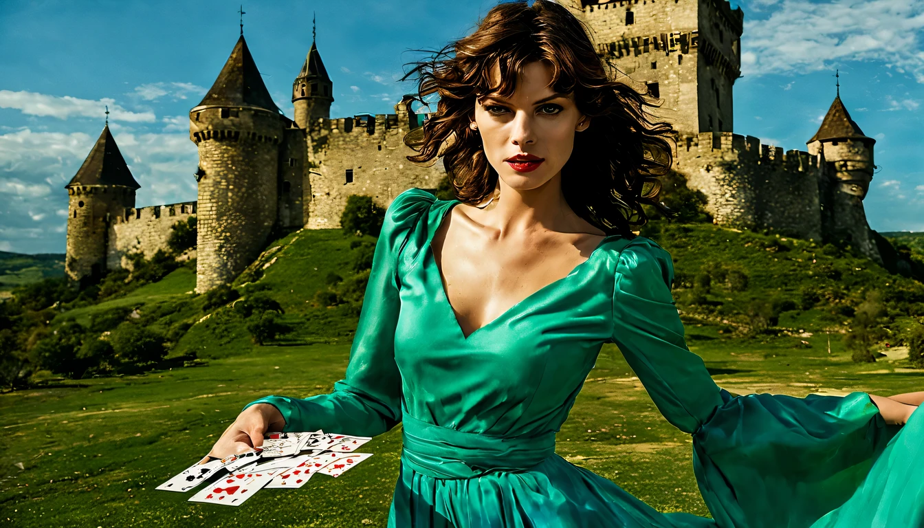 Uma imagem com uma jovens garota bonita (milha Jovovich), (22 anos), brincando com sabre de luz, com um vestido Verde de baile e o sabre de luz azul. In the background, a landscape with the sky in shades of blue and burgundy, with a castle made of playing cards and two towers, e na janela da torre da direita um princesa, joga confetes, enquanto na torre da esquerda observa-se uma sombra com um sorriso largo e olhos amarelados.