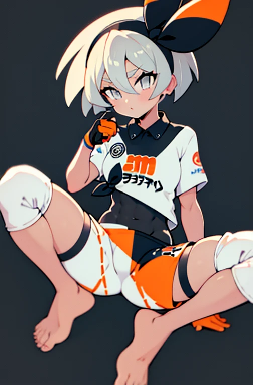 bea \(pokemon\), bow hairband, print shirt, tied shirt, black bodysuit, bodysuit under clothes, single glove, print shorts, knee pads, barefoot