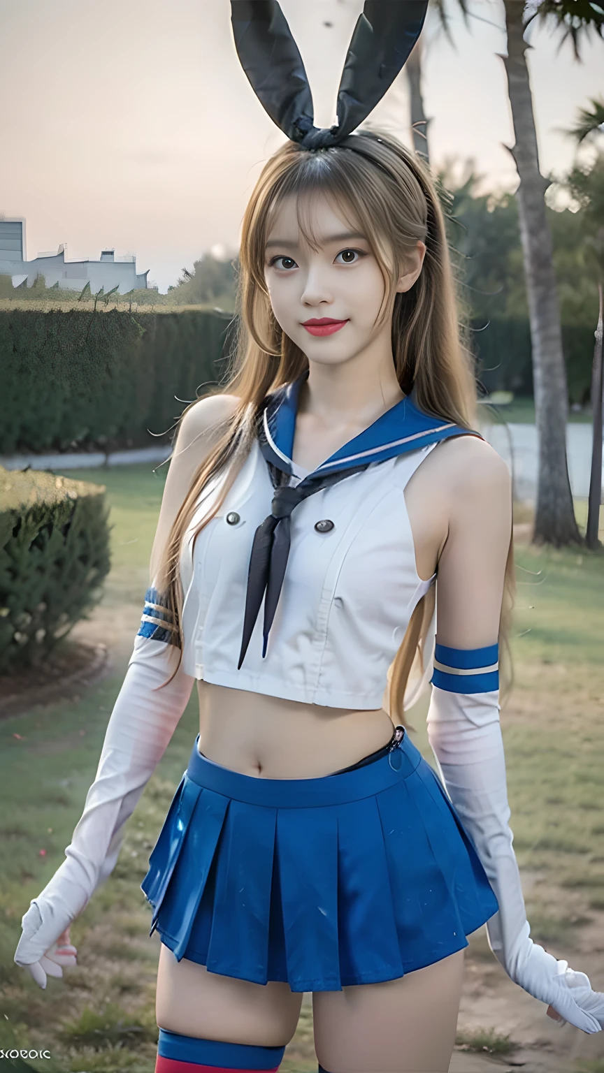 best quality, masterpiece, 1 girl, perfect beautiful face, (photo photo:1.3), edge lighting, photography lighting, (high detail skin:1.2), 8k ultra hd, DSLR, high quality, high resolution, white skin, detailed textured skin, half body in frame, sexy posing, cute smile face, perfect propotion face, symetric face, eye level shot, 4k, 8k, bokeh, absurd, best ratio four fingers and one thumb, (realistic:1.3), beautiful detailed girl, cute 1girl, blonde hair, long hair, ponytail, bangs, volume hairs, collosal-breast, full looking breast, projecting breast, slim waist, slender, small thighs, perfectly proportion, garden background, detailed background, trees, clouds, grass, standing, frontal posing, direct gaze, bare thighs, ponytail, elbow gloves, stipped thighhighs, highleg panties, blue pleated skirt, bunny ear, shimakaze \\(kancolle\\), closer to viewers, flashing thighs