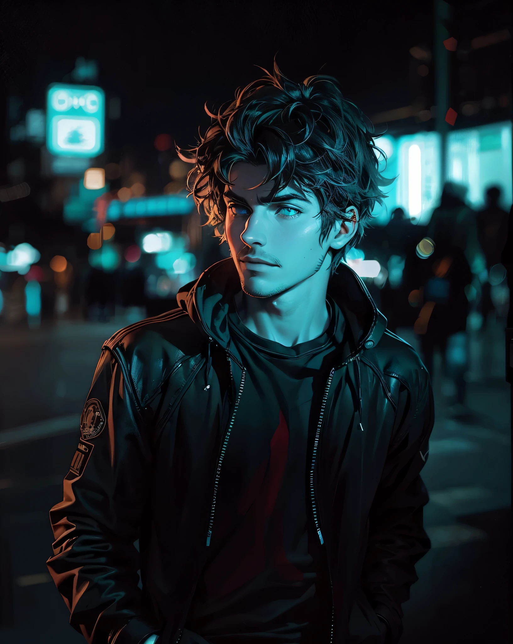 1guy, (20 year old guy), handsome light eyes, futuristic hoodie, (Messy hair style), realistic ,light background, cyberpunk