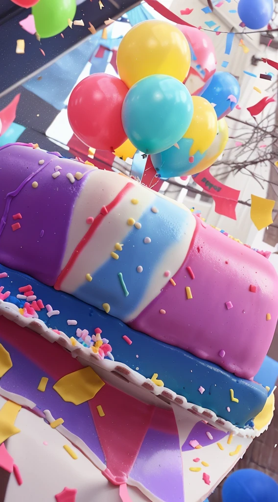 a girl, Birthday cake, unique birthday day, fun games and performances, colorful confetti falling from the sky, unexpected surprises