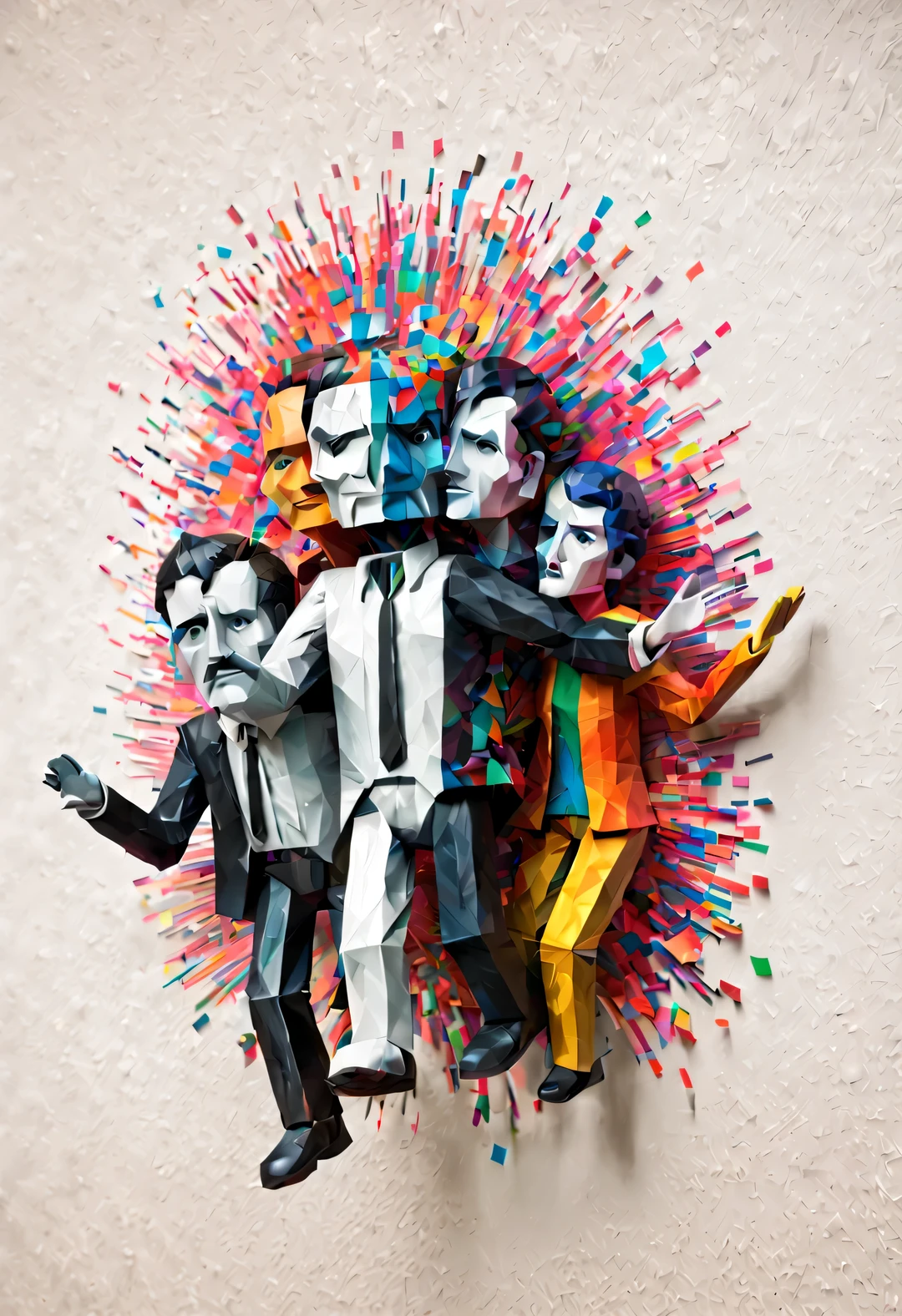 The black and white intruder who broke out of the wall turned half of his body into a colorful cartoon confetti man. fantasy, Science fiction, low polygon, Cubism and paper cutting were created by Charles and Ray Eames,cubism style, Beautiful detailed