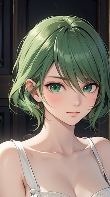 highest quality,　Highest image quality,　masterpiece,　tamaki, green hair, green eyes, mole under eye, camisole,　relaxed atmosphere, 