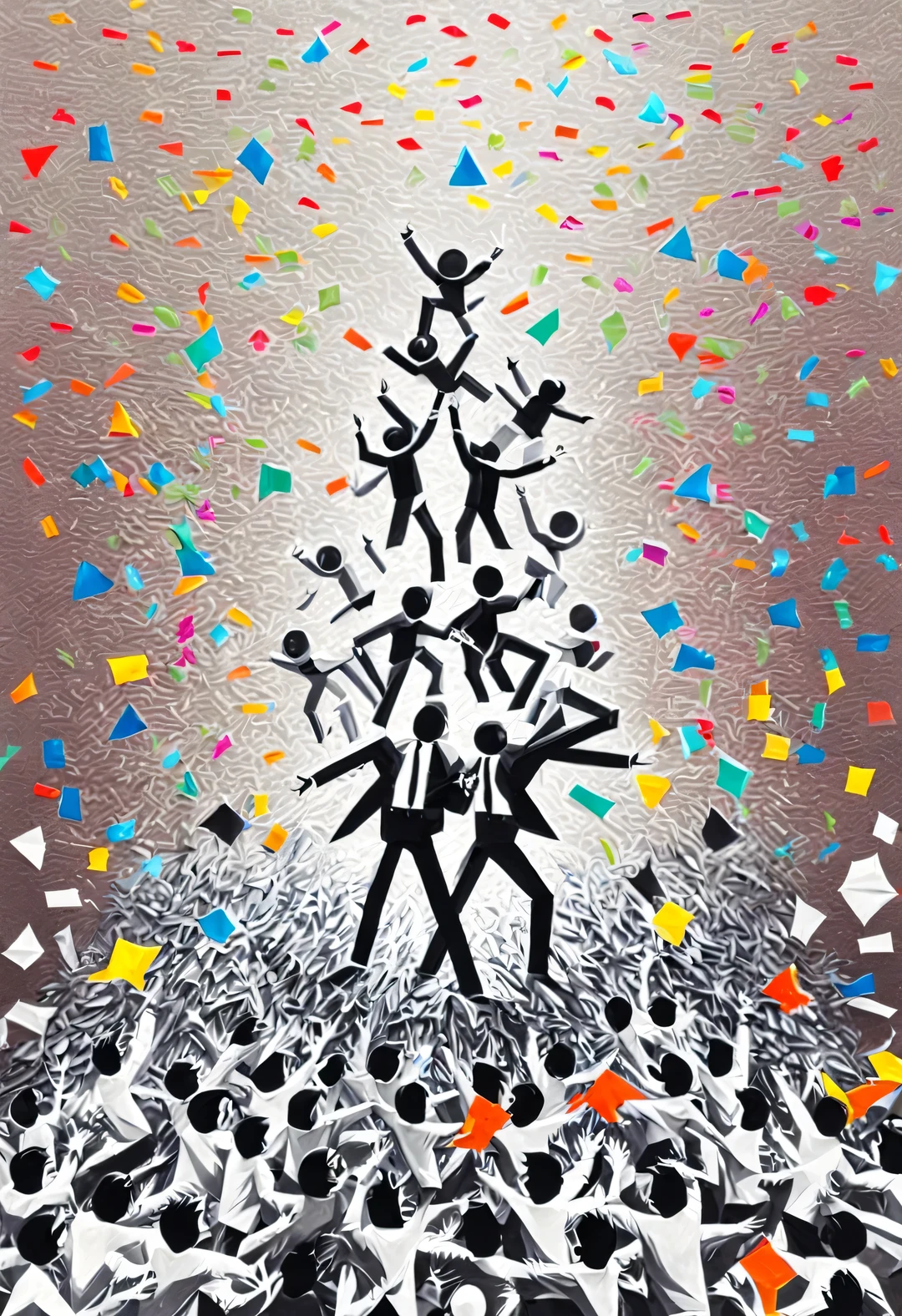 The black and white intruder who broke out of the wall turned half of his body into a colorful cartoon confetti man. fantasy, Science fiction, low polygon, Cubism and paper cutting were created by Charles and Ray Eames,Thick paper cut