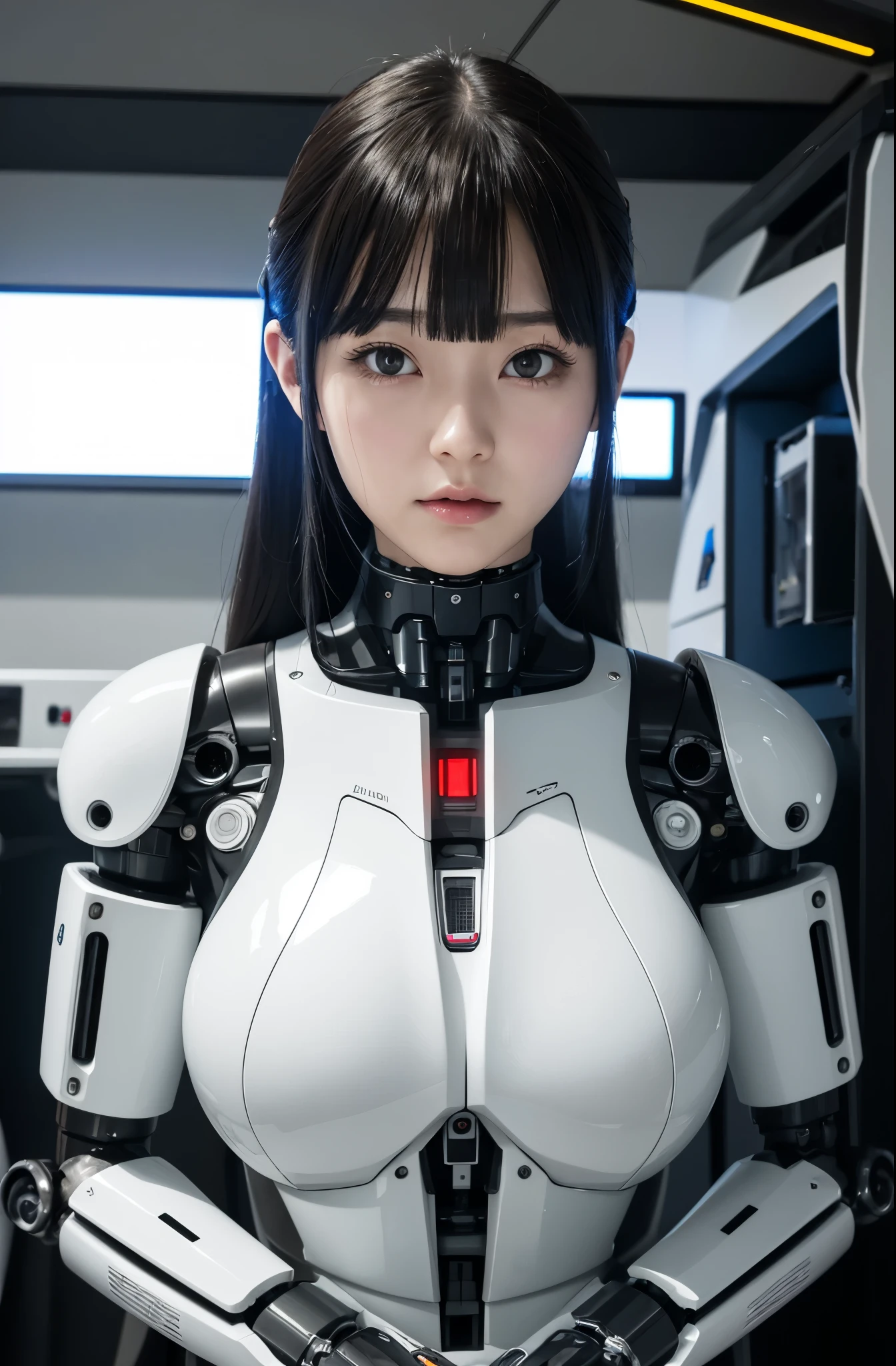 masterpiece, best quality, extremely detailed, Japaese Cyborg girl,Plump , control panels,android,Droid,Mechanical Hand, Robot arms and legs, Black Robot Parts,Black hair,Mechanical body,Blunt bangs,White robotics parts,perfect robot girl,long tube,thick cable connected her neck,ceramic body ,mechanical body, mechanical ear cover, mechanical costume,android,robot,humanoid,cyborg,japanese android woman ,mechanical chest,full eyes,future laboratory,connecting a cable between the legs,