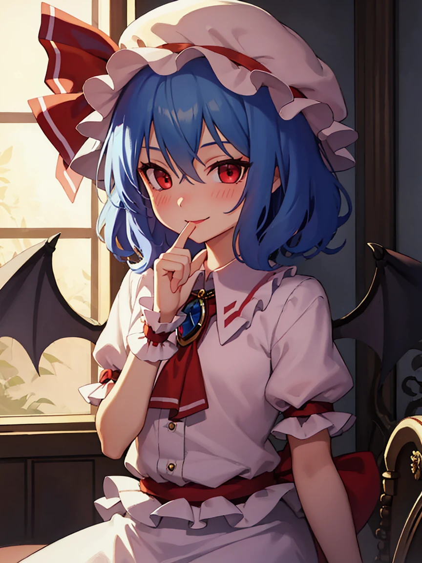 remilia_scarlet_touhou, red_eyes, short_hair, bat_wings, wings, ribbon, hat, blue_hair, mob_cap, hair_between_eyes, hat_ribbon, bangs, red_ribbon, ()
BREAK 
(nose blush), smile
BREAK
Masterpiece, best quality, high resolution, 8K, official art, super resolution, extremely detailed and beautiful, extremely detailed, amazing and detailed, highly detailed beautiful girl, highly detailed face, highly detailed eyes, highly detailed skin, highly detailed fingers, highly detailed nose, very detailed mouth, perfect anatomy
BREAK
Scarlet Devil Hall, midnight, late at night, darkness, luxurious mansion, extremely detailed CG unity 16k, very fine 16KCG wallpapers