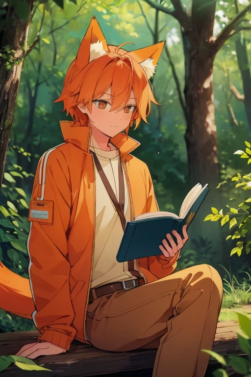 An orange haired man with orange eyes and orange fox ears and an orange fox tail is reading a field guide in the forest
