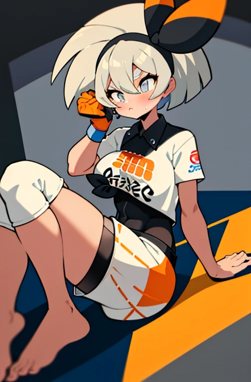 high quality, masterpiece, facing forward, big tits, thick thighs, leaning forward, bent over, hands on her face, pout, pouty face, puffy face cheeks, bea \(pokemon\), bow hairband, print shirt, tied shirt, black bodysuit, bodysuit under clothes, single glove, print shorts, knee pads, barefoot