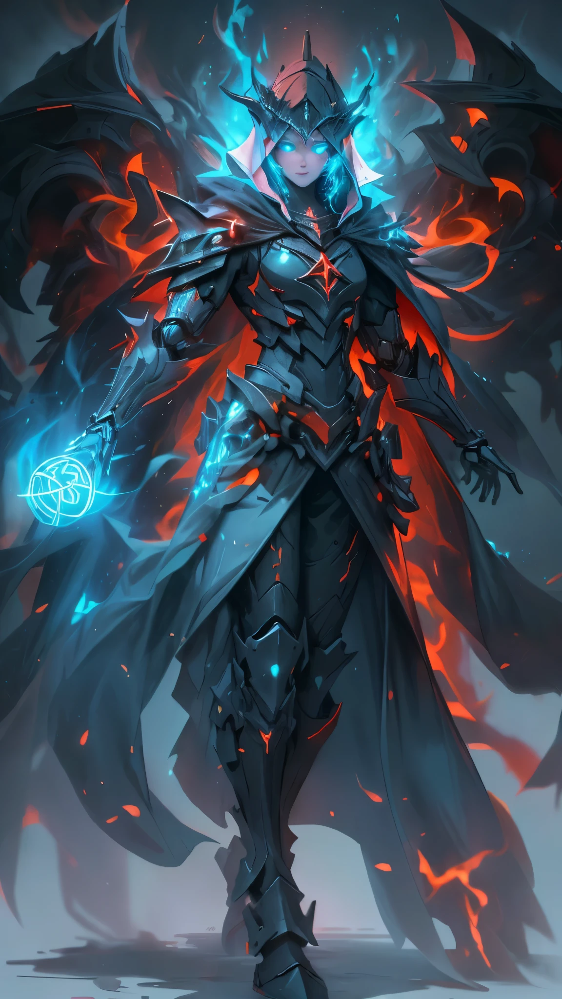 Full body photo, full body, blue ghost mage, wearing blue mechanical armor, surrounded by ghost flames, magical spells, burning red flames in hand, perfect body proportions, tall figure, wearing a veil, glowing blue eyes, cloak, dark background, backlight, glossy, reflective, bioluminescent, super detail, realistic, cinematic, high contrast,GlowingRunes_red,sh4g0d