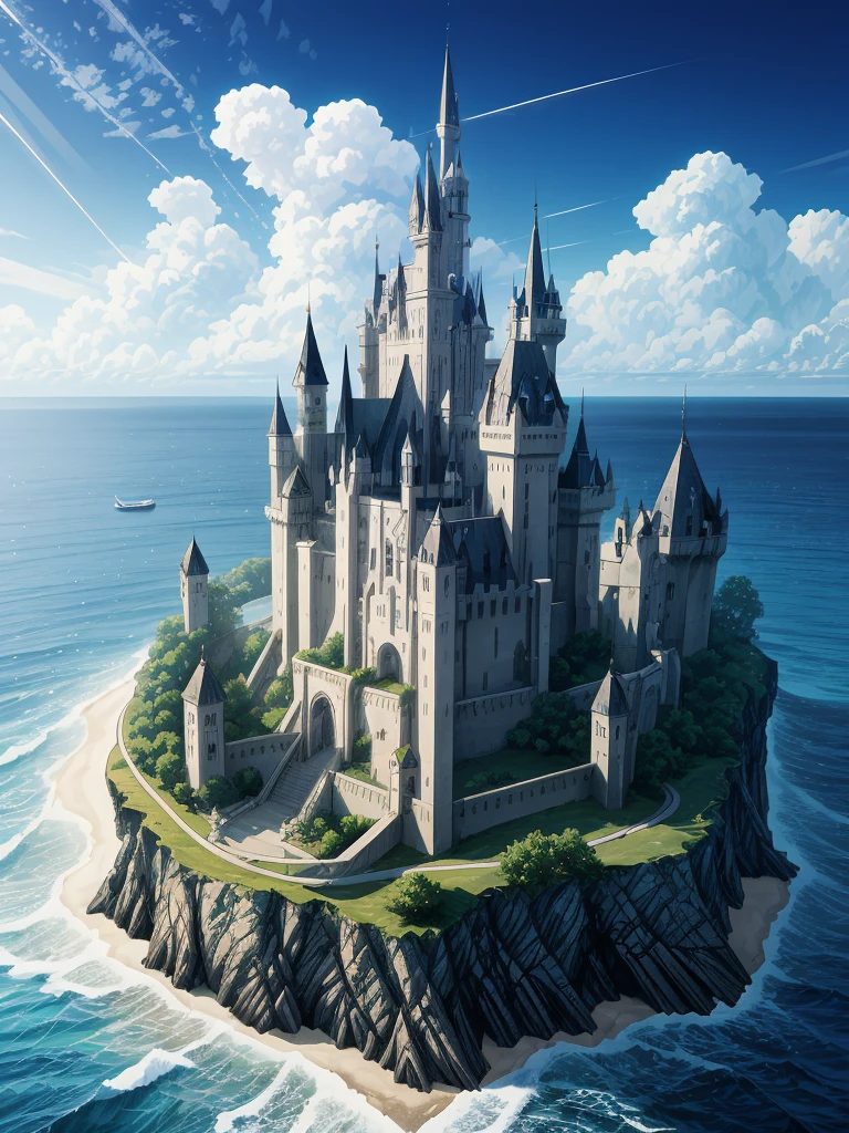 (((masterpiece、Highest image quality、highest quality、highly detailed unity 8kwallpaper)))、((fantasy、A castle on a lonely island))、(Ocean)、tower